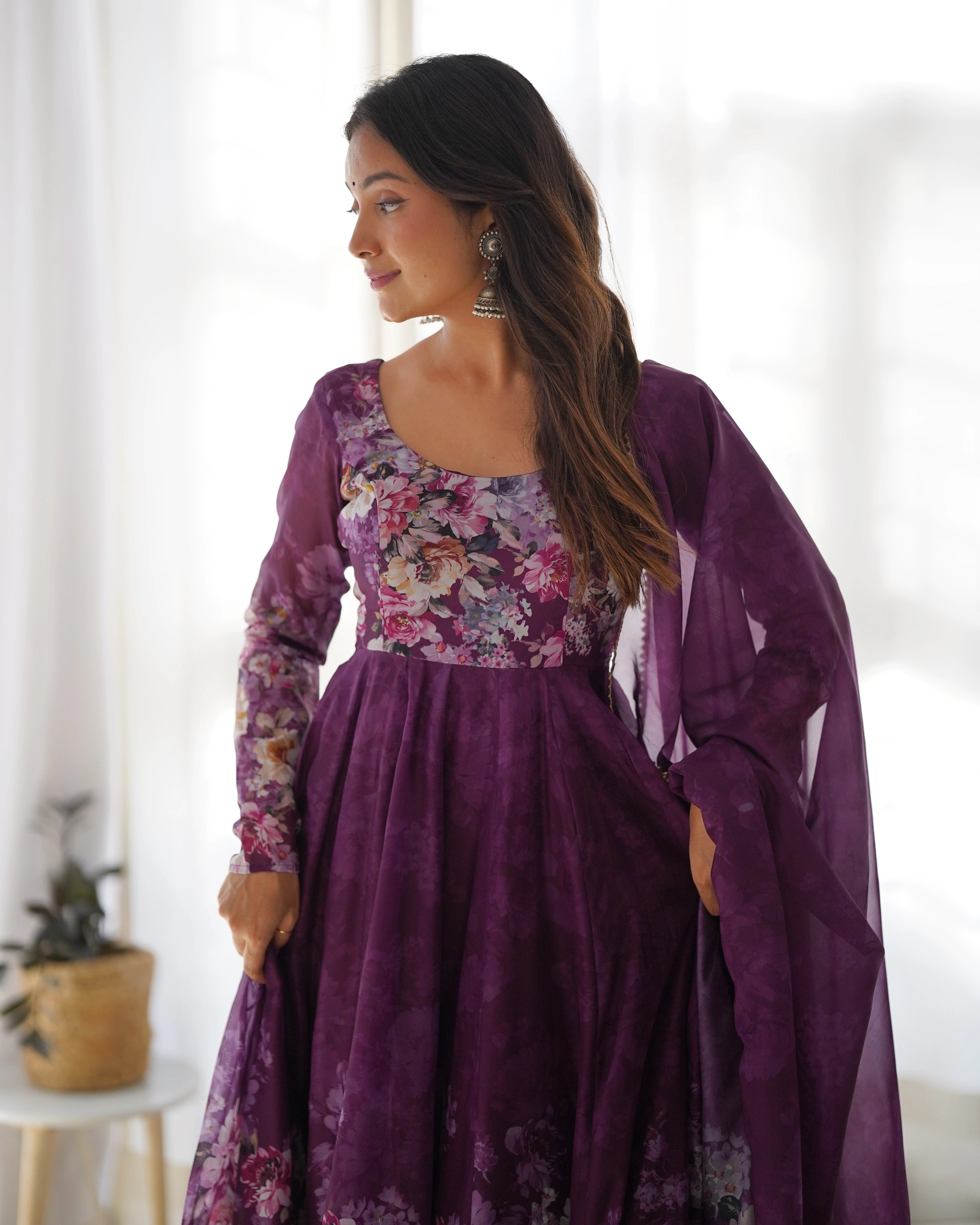 Deep Plum Floral Wine Anarkali Gown Set with Kali Flair