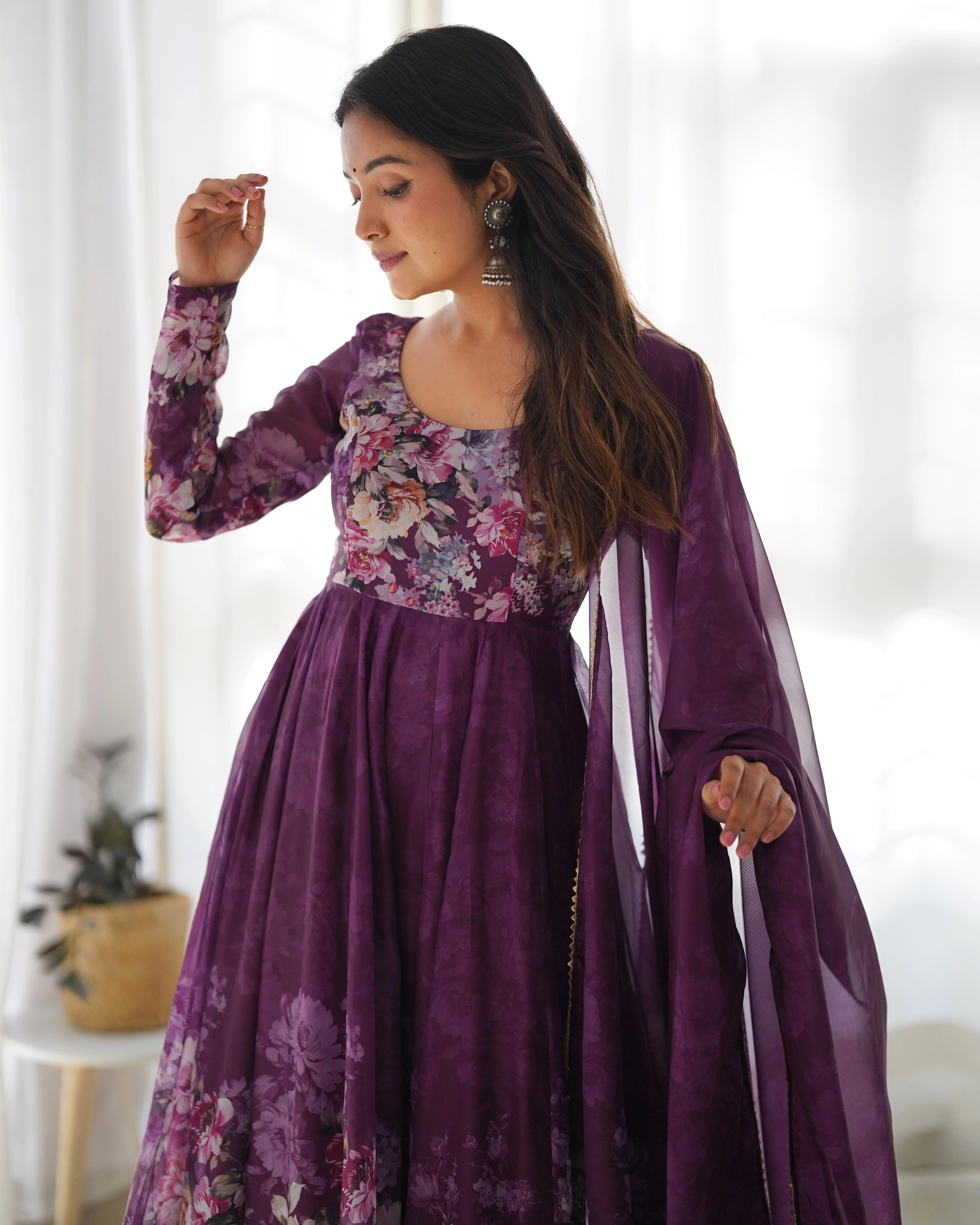 Deep Plum Floral Wine Anarkali Gown Set with Kali Flair