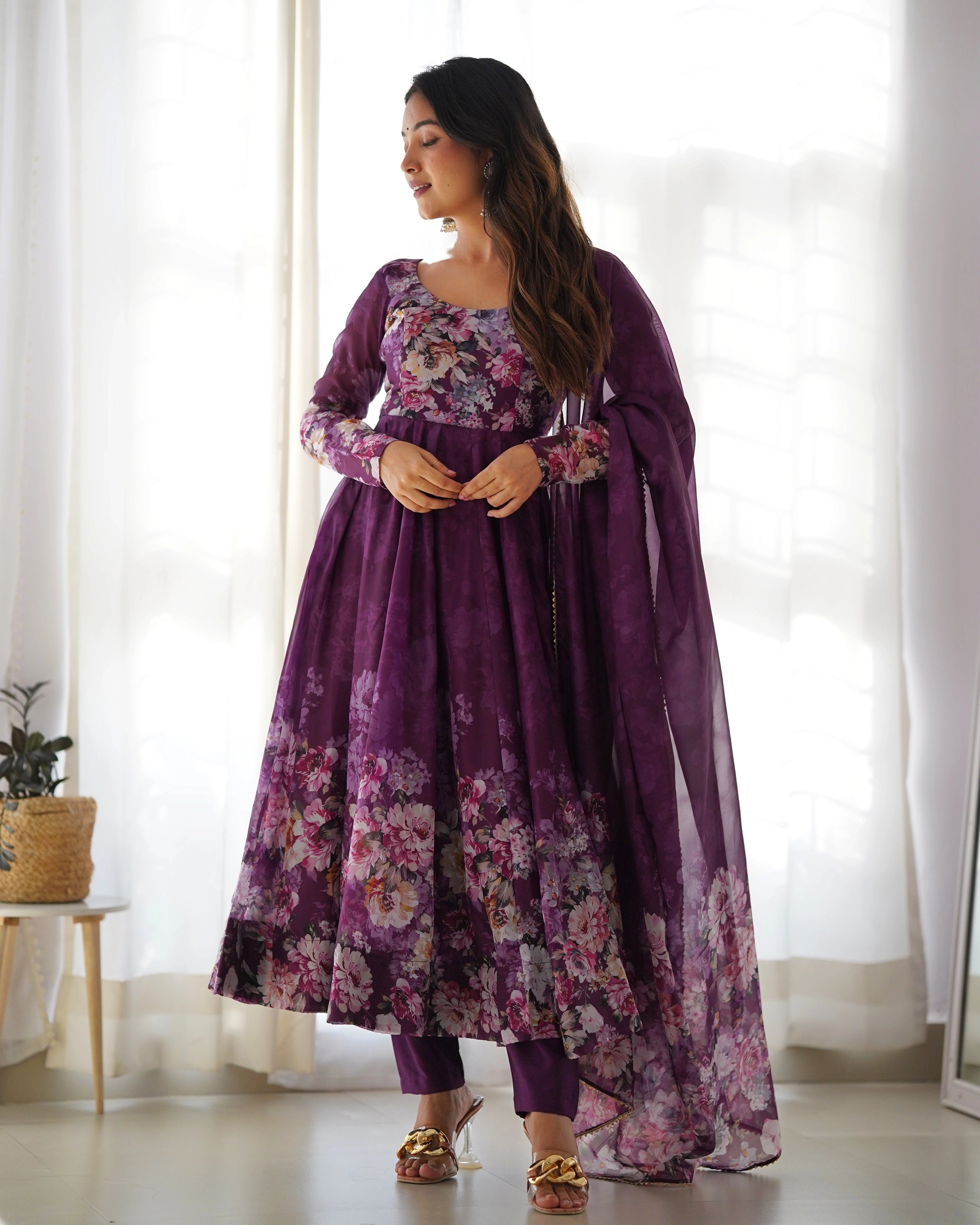 Deep Plum Floral Wine Anarkali Gown Set with Kali Flair