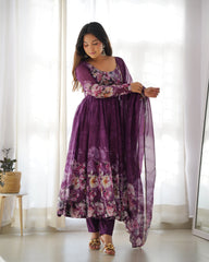 Deep Plum Floral Wine Anarkali Gown Set with Kali Flair