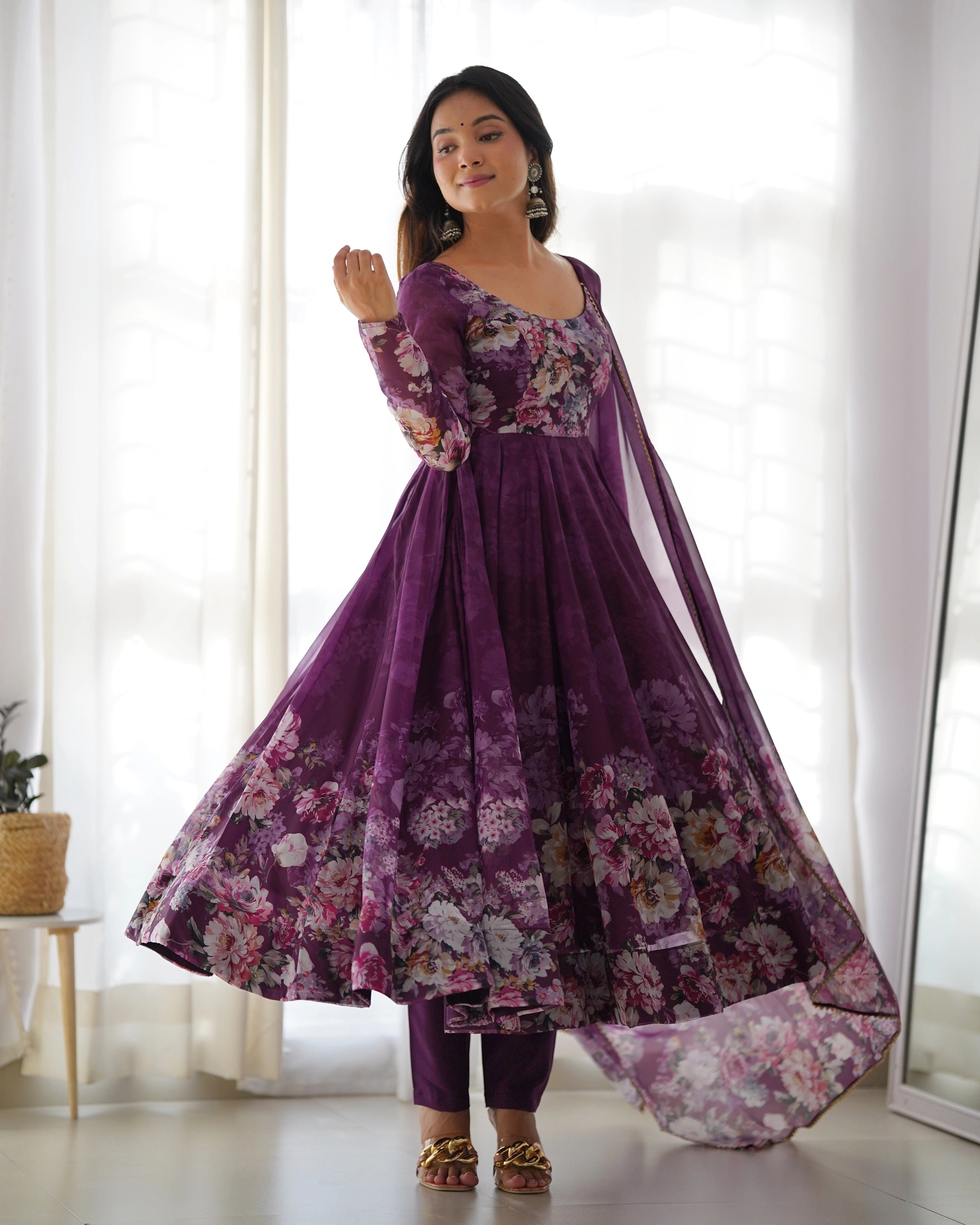 Deep Plum Floral Wine Anarkali Gown Set with Kali Flair