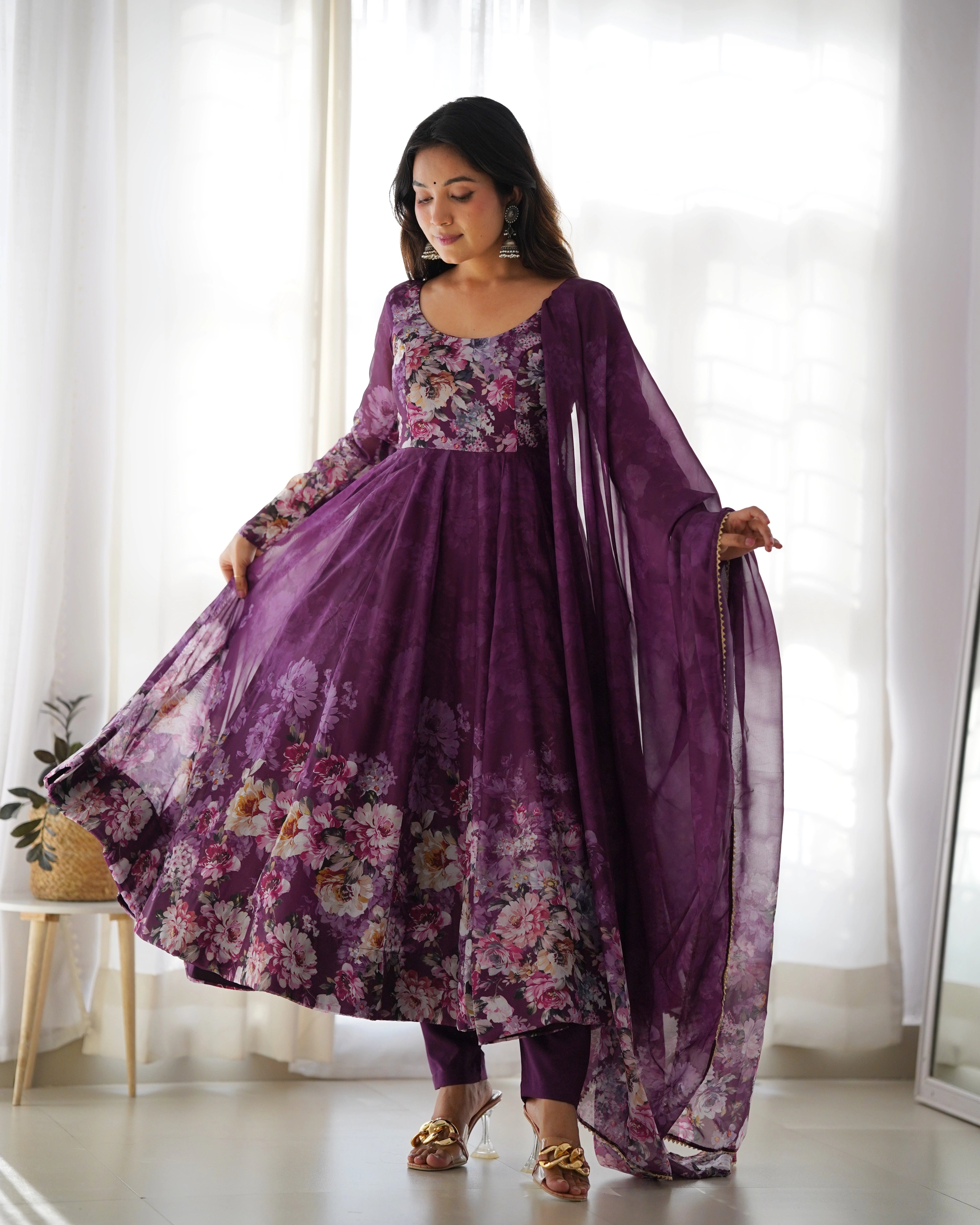 Deep Plum Floral Wine Anarkali Gown Set with Kali Flair