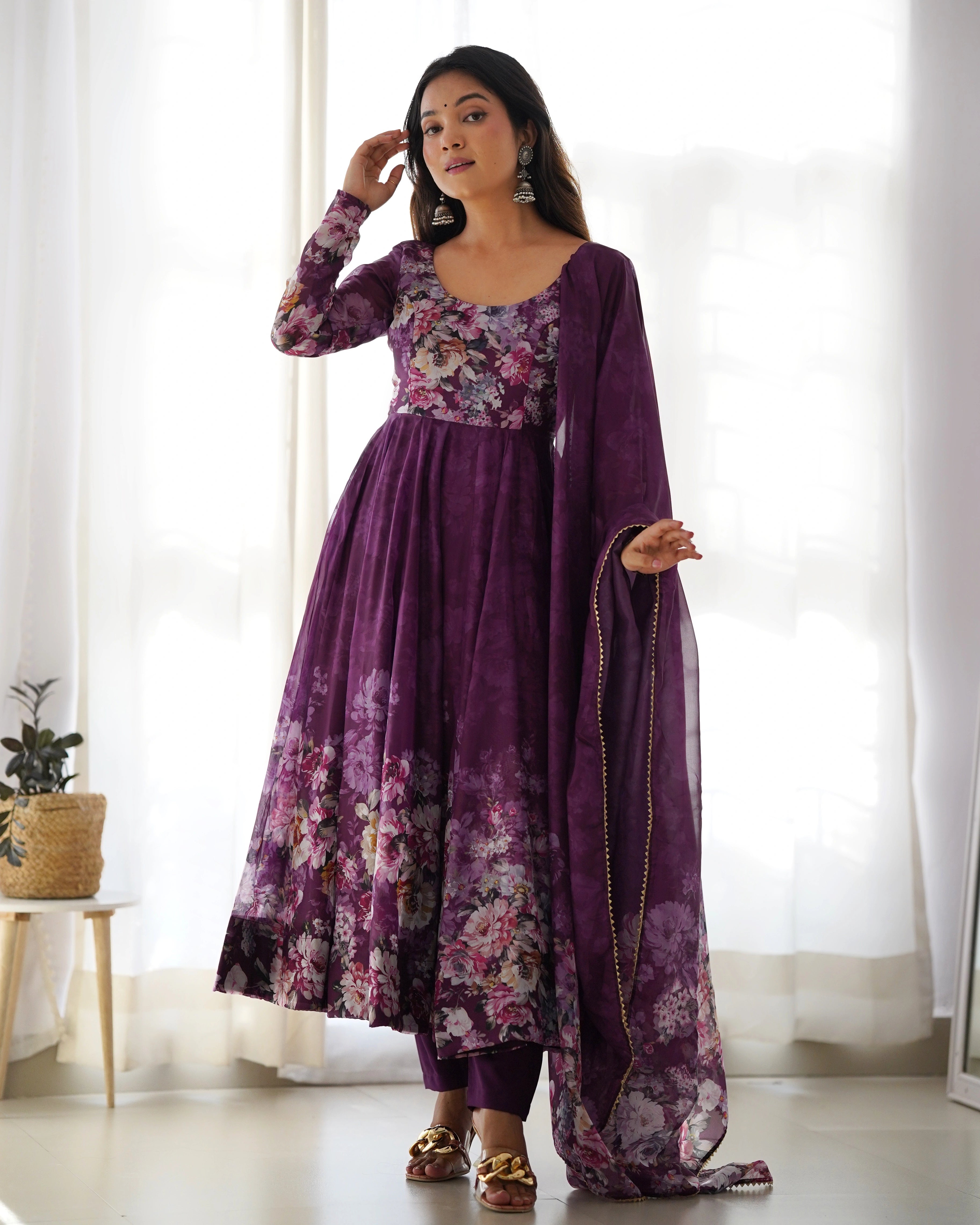 Deep Plum Floral Wine Anarkali Gown Set with Kali Flair