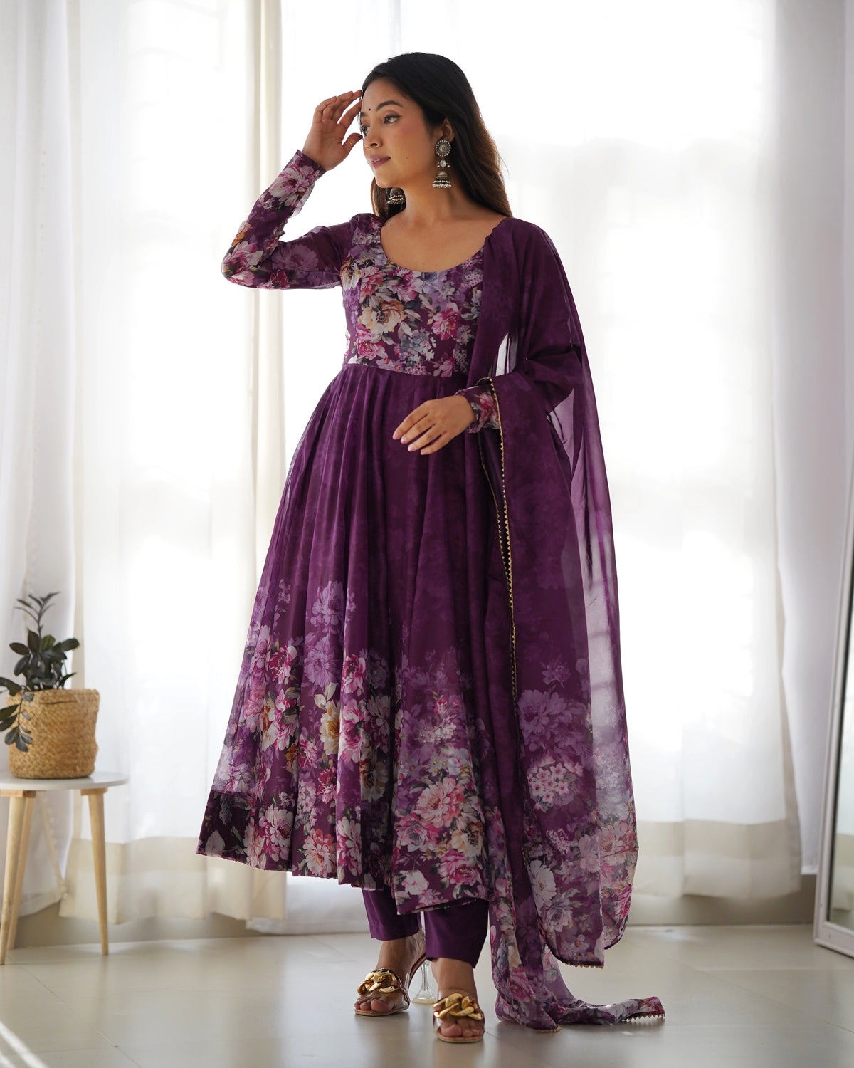 Deep Plum Floral Wine Anarkali Gown Set with Kali Flair