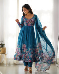 Floral Elegance Rama Organza Silk Anarkali Set for Festive Glam