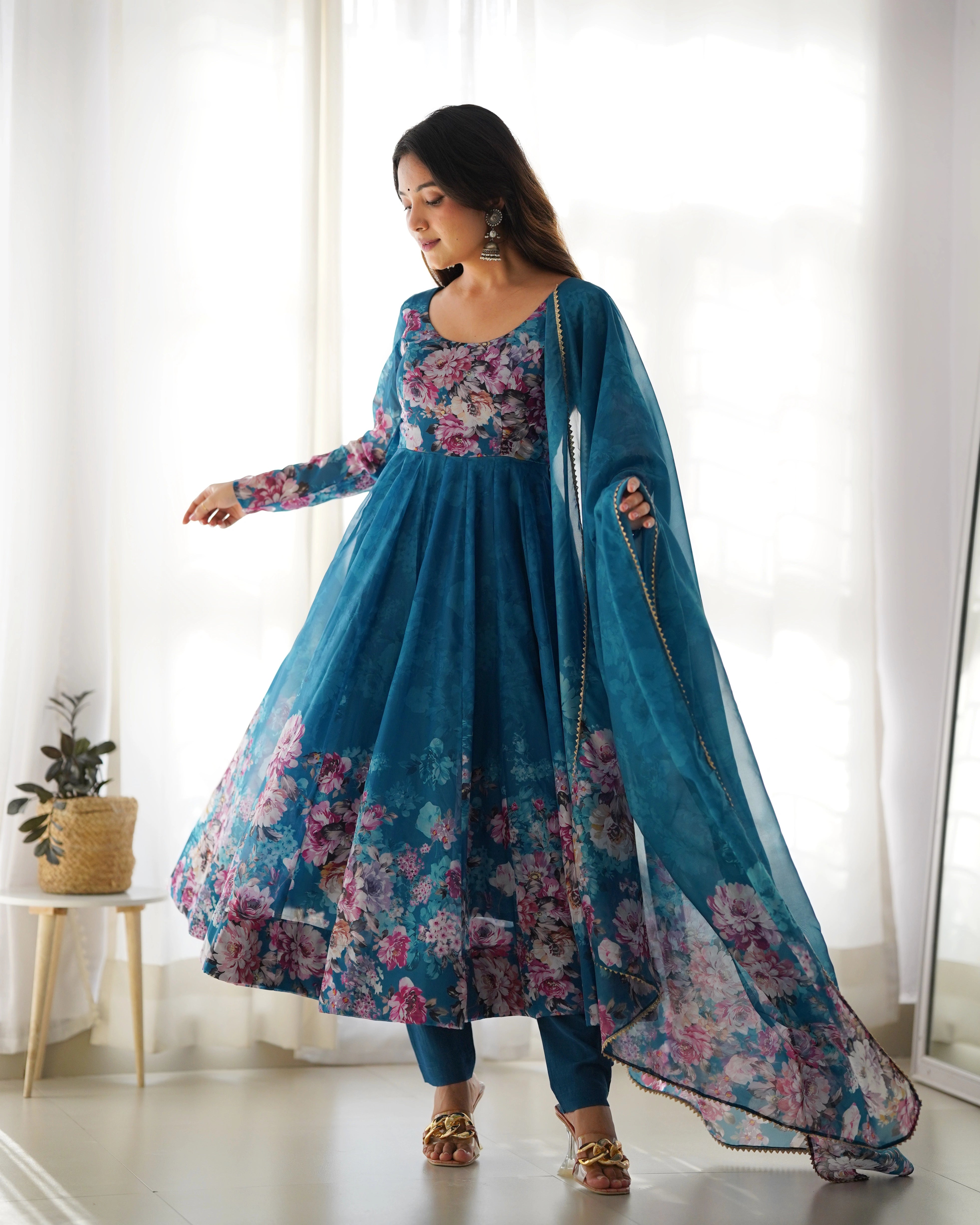 Floral Elegance Rama Organza Silk Anarkali Set for Festive Glam