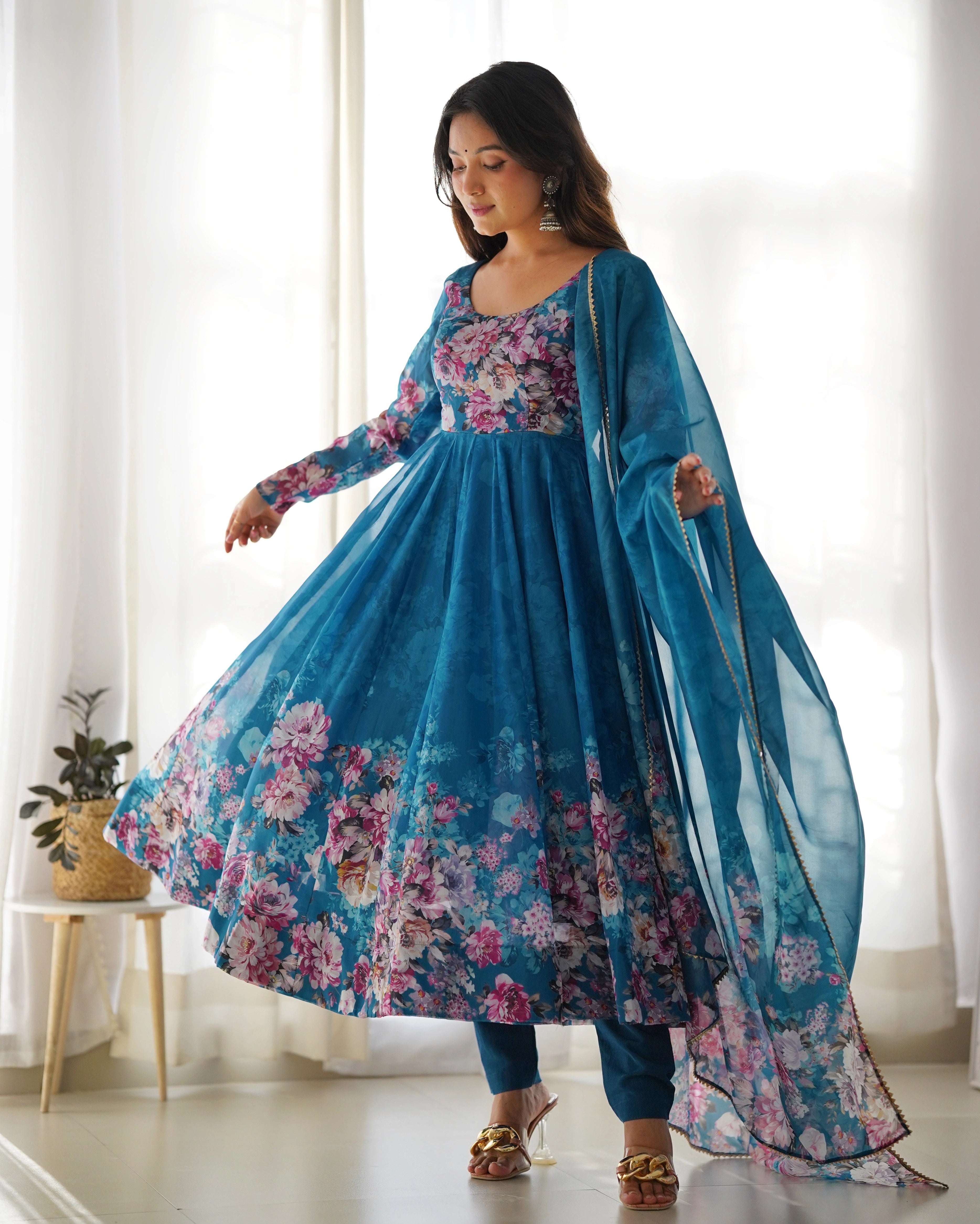 Floral Elegance Rama Organza Silk Anarkali Set for Festive Glam