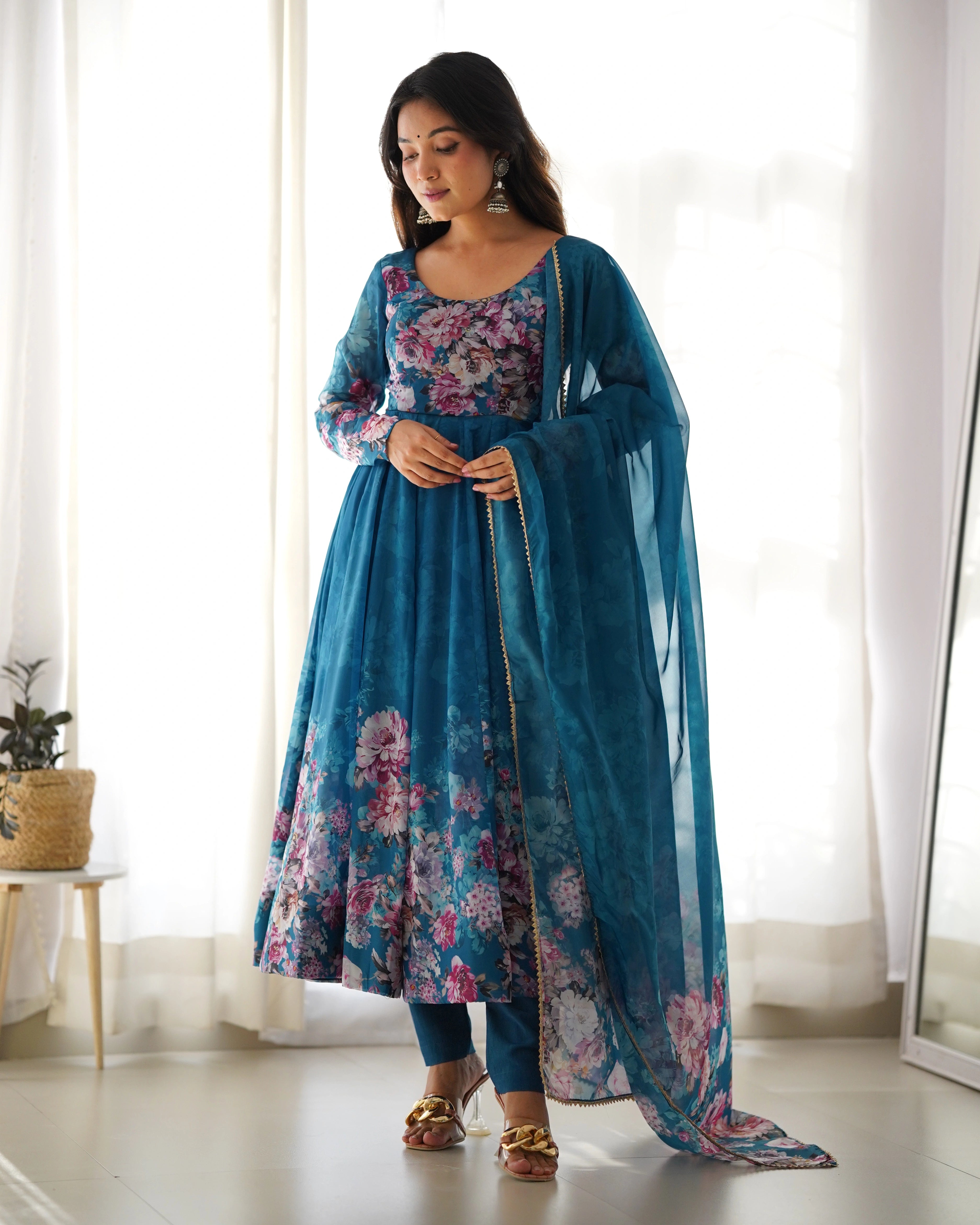 Floral Elegance Rama Organza Silk Anarkali Set for Festive Glam