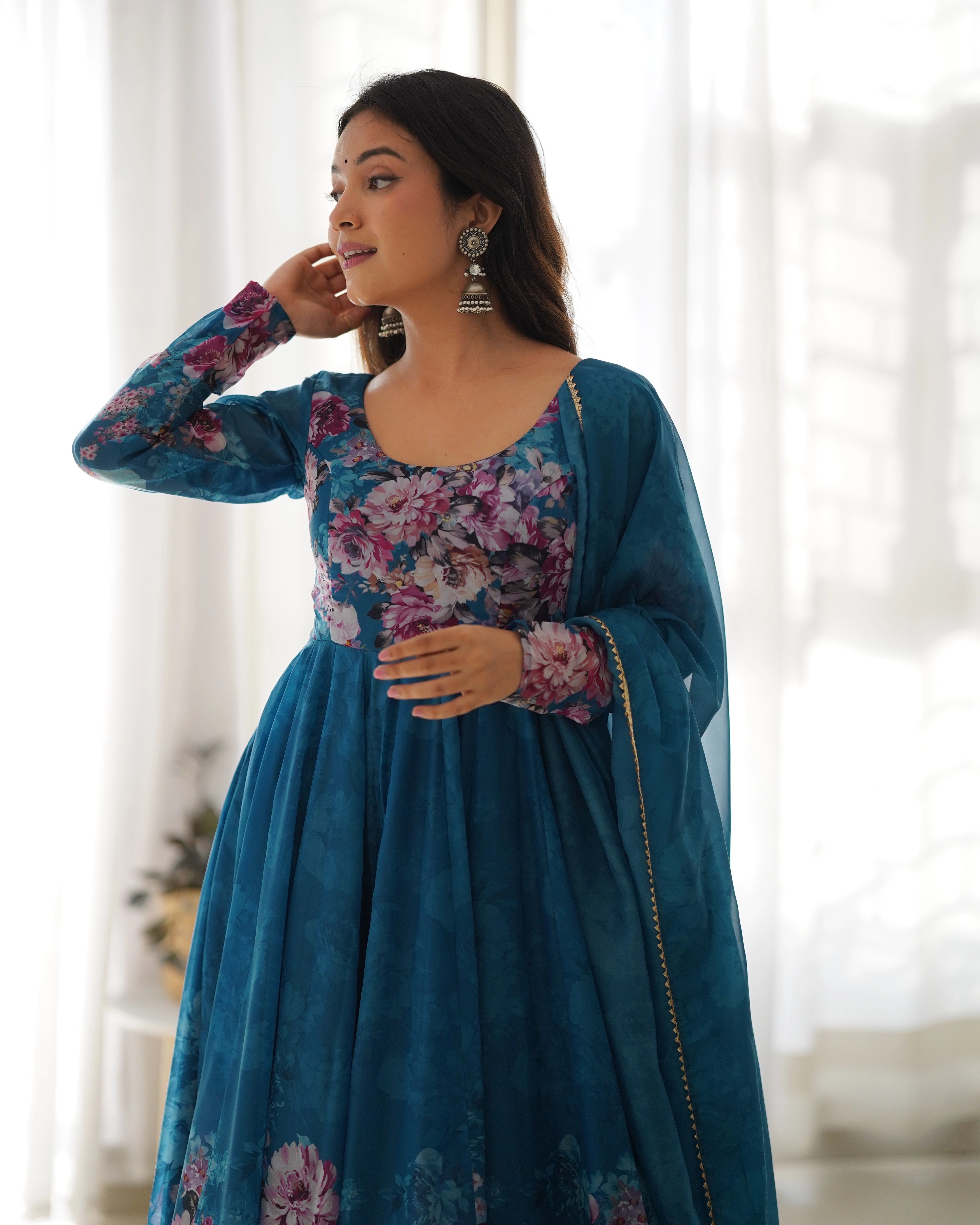 Floral Elegance Rama Organza Silk Anarkali Set for Festive Glam