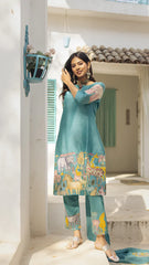 Sky Blue Cotton Kurta Set with Kalamkari Inspired Animal Motifs – Ethnic Wear for Women with Dupatta
