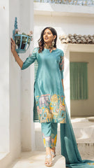 Sky Blue Cotton Kurta Set with Kalamkari Inspired Animal Motifs – Ethnic Wear for Women with Dupatta