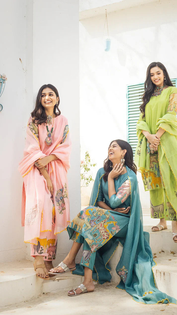 Sky Blue Cotton Kurta Set with Kalamkari Inspired Animal Motifs – Ethnic Wear for Women with Dupatta