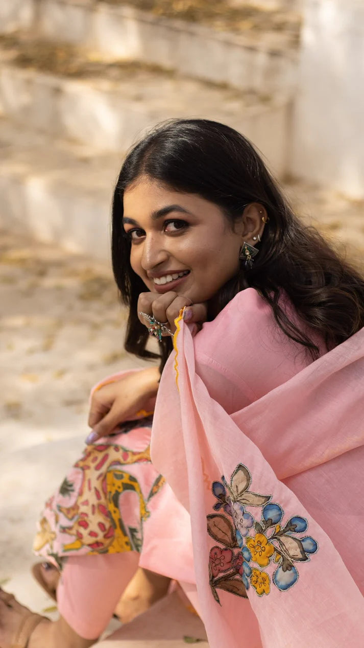 Baby Pink Cotton Kurta Set with Kalamkari-Inspired Animal Motifs – Ethnic Wear for Women with Dupatta