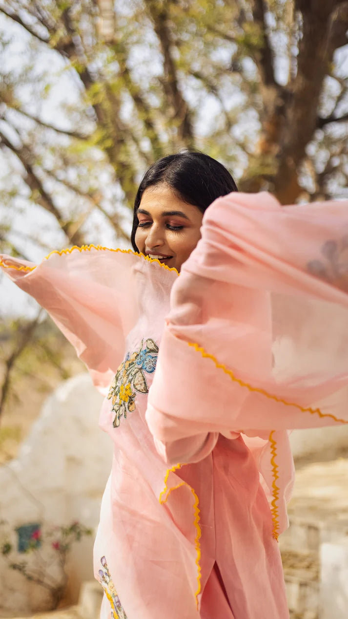 Baby Pink Cotton Kurta Set with Kalamkari-Inspired Animal Motifs – Ethnic Wear for Women with Dupatta