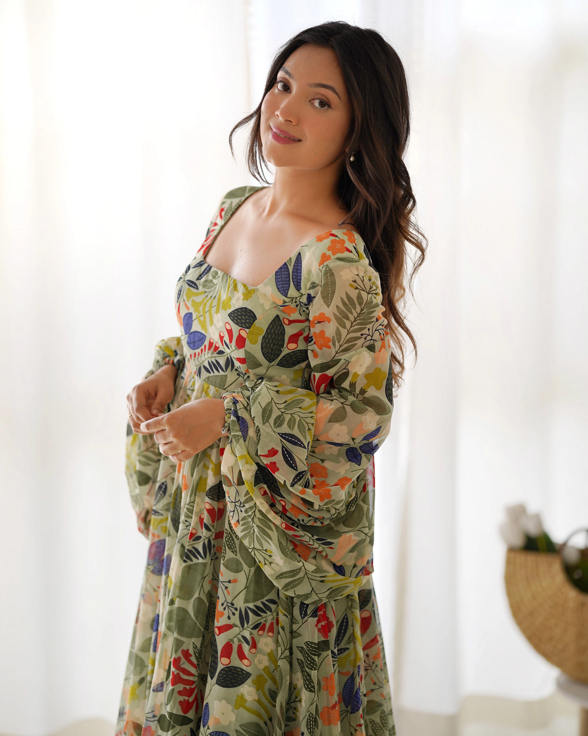 Vibrant Floral Georgette Maxi Dress with Balloon Sleeves