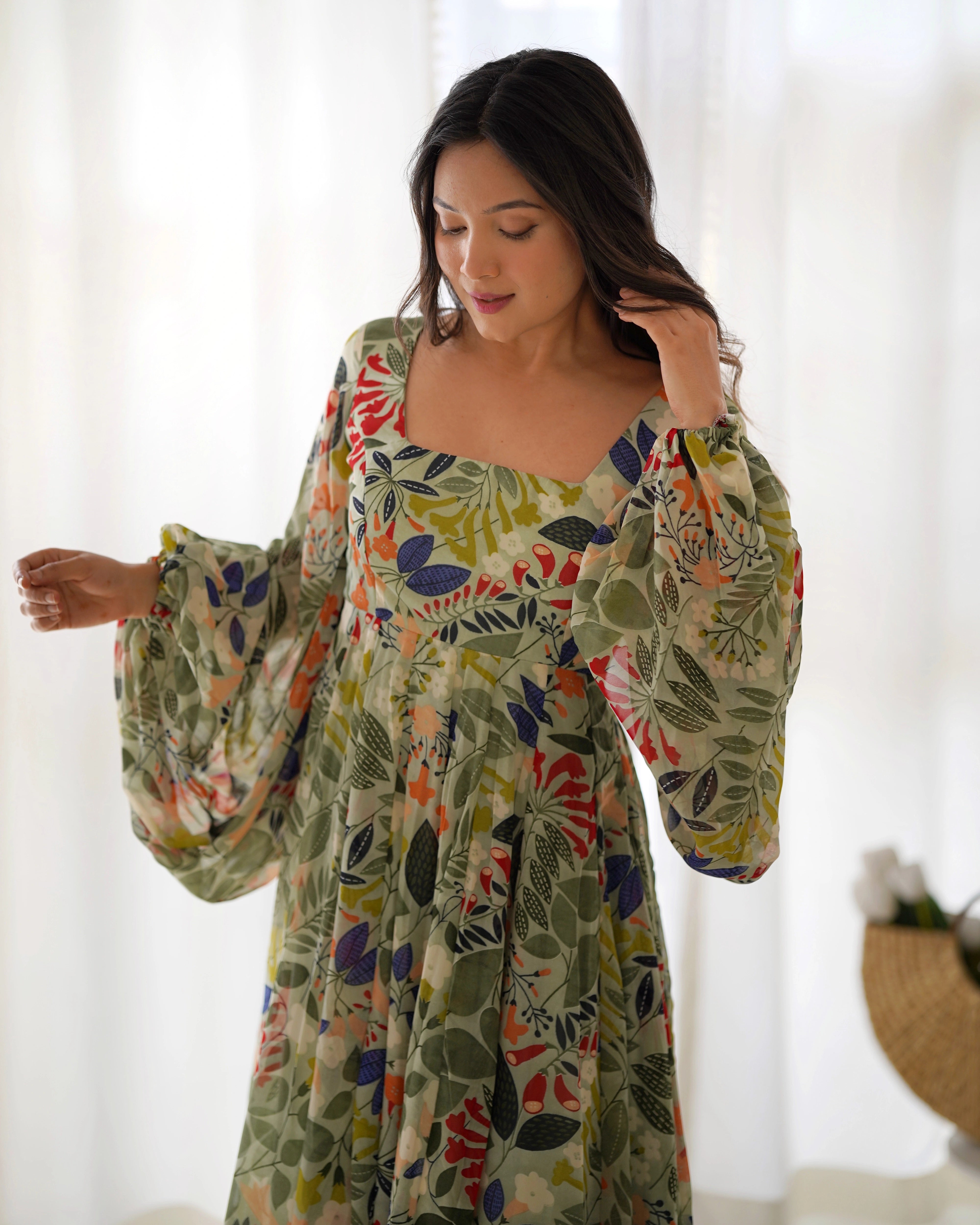 Vibrant Floral Georgette Maxi Dress with Balloon Sleeves