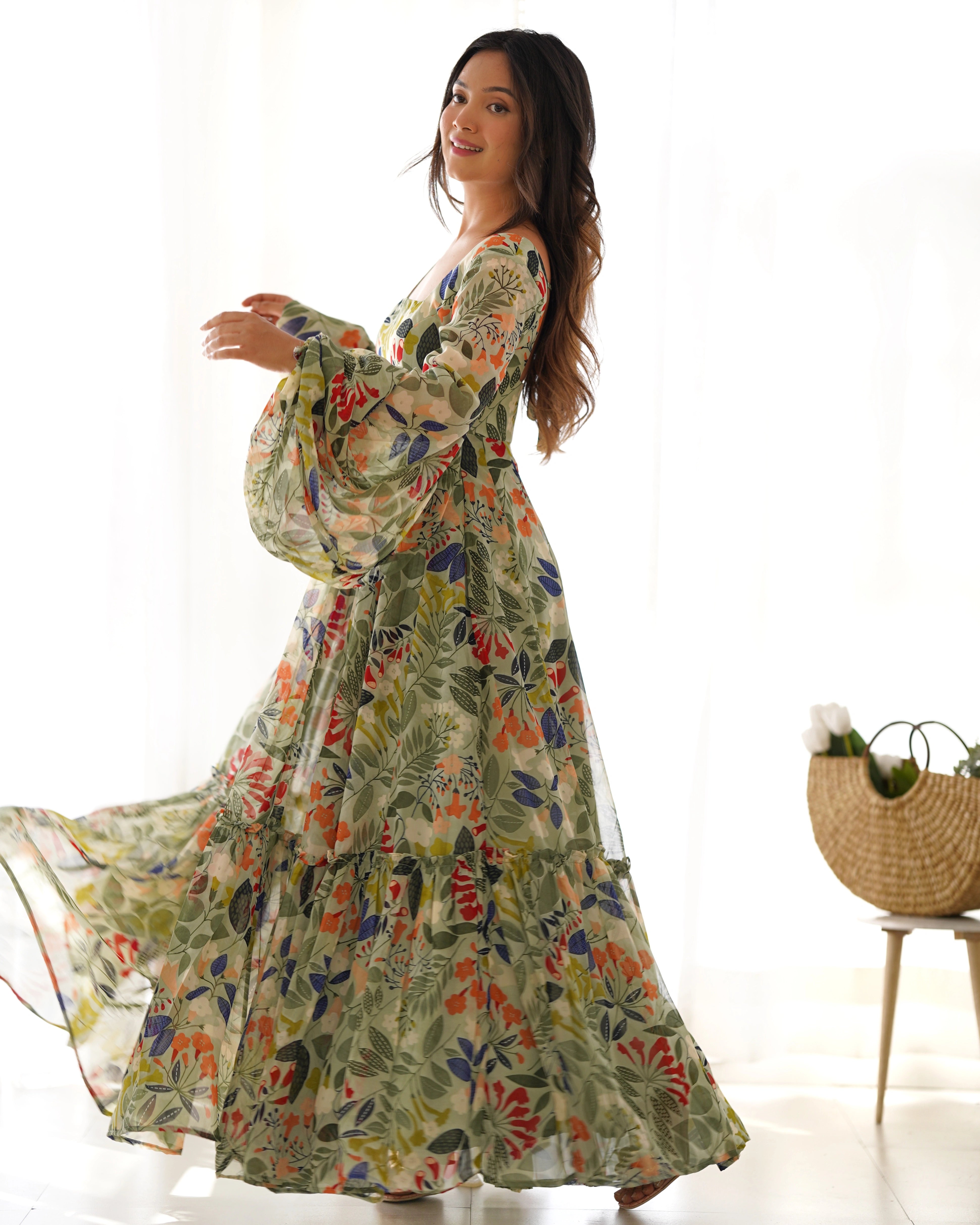 Vibrant Floral Georgette Maxi Dress with Balloon Sleeves