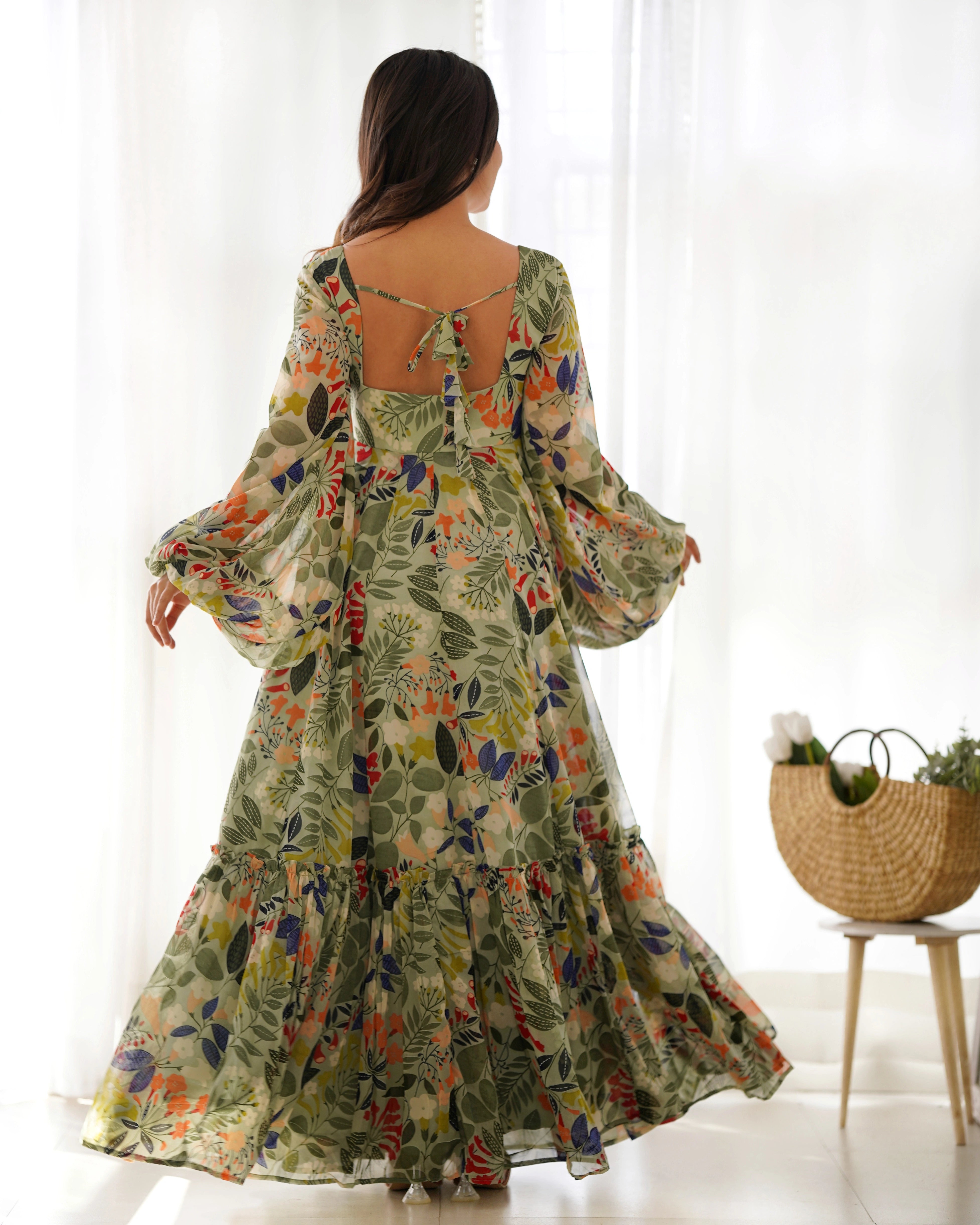 Vibrant Floral Georgette Maxi Dress with Balloon Sleeves