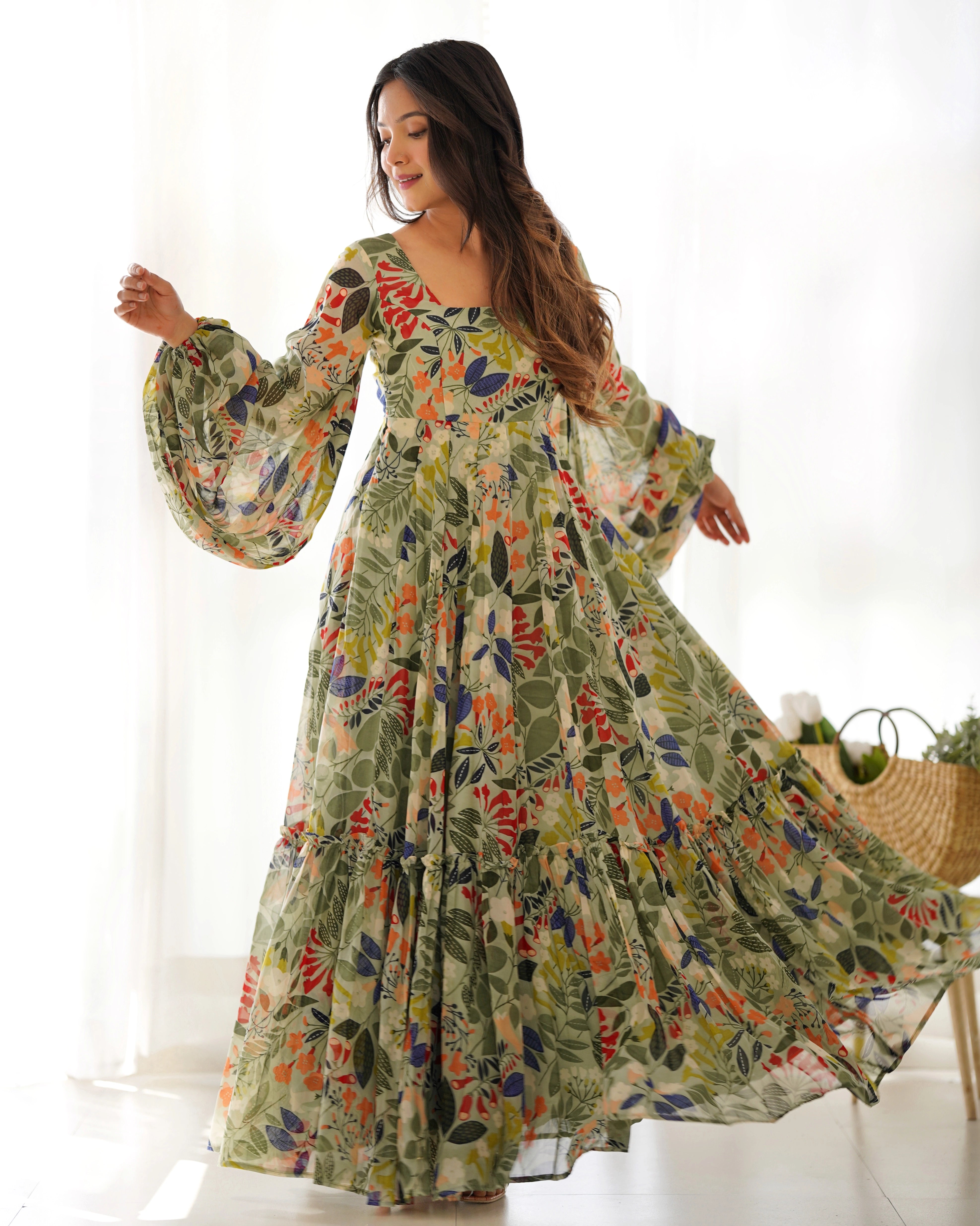 Vibrant Floral Georgette Maxi Dress with Balloon Sleeves