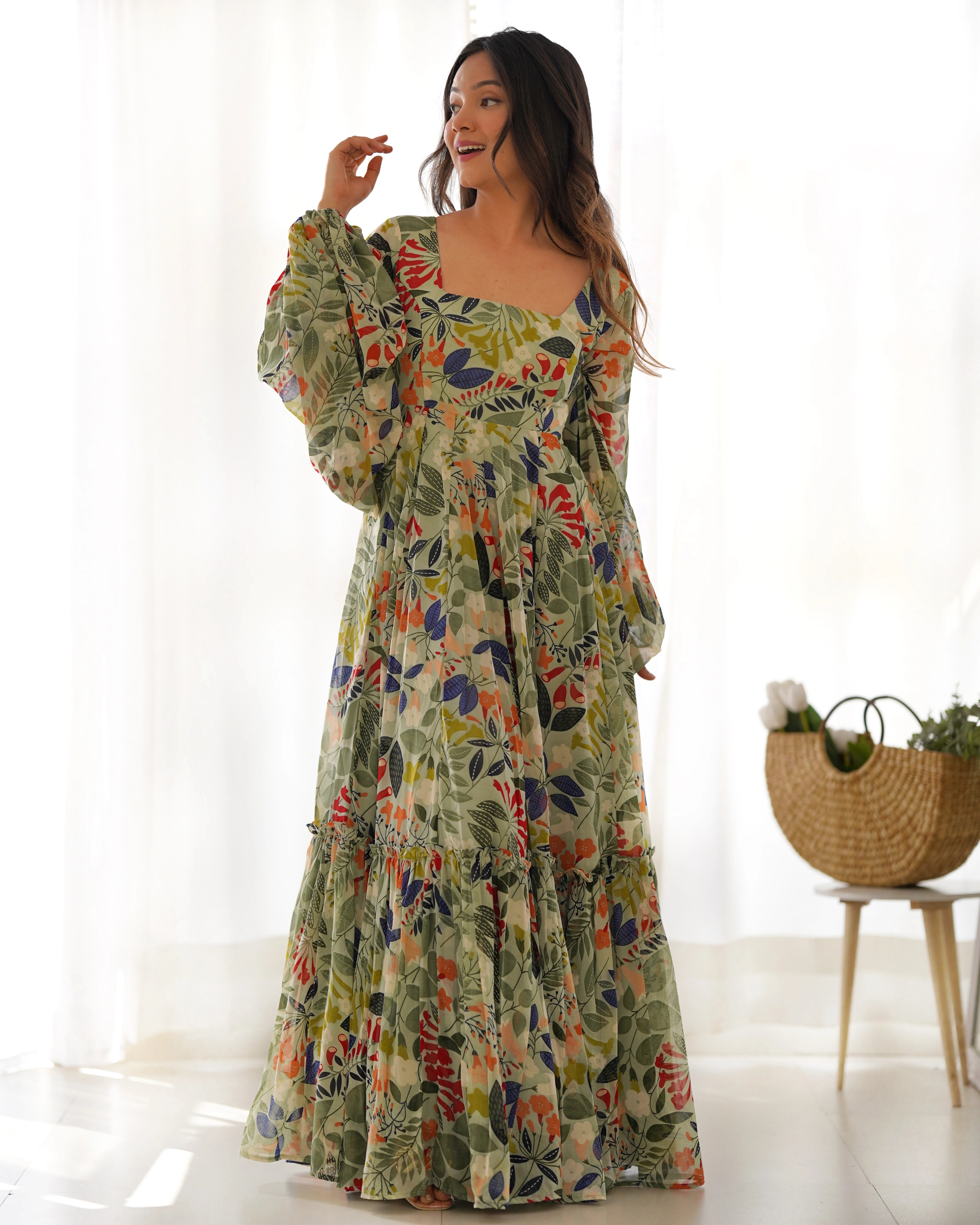 Vibrant Floral Georgette Maxi Dress with Balloon Sleeves