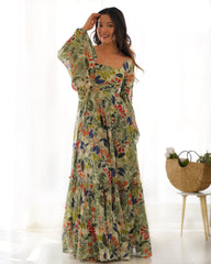 Vibrant Floral Georgette Maxi Dress with Balloon Sleeves