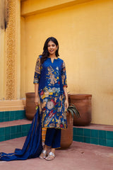 Blue Kalamkari Cotton Kurta Set with Dupatta - Traditional Printed Motifs & Embroidered Lace Detailing