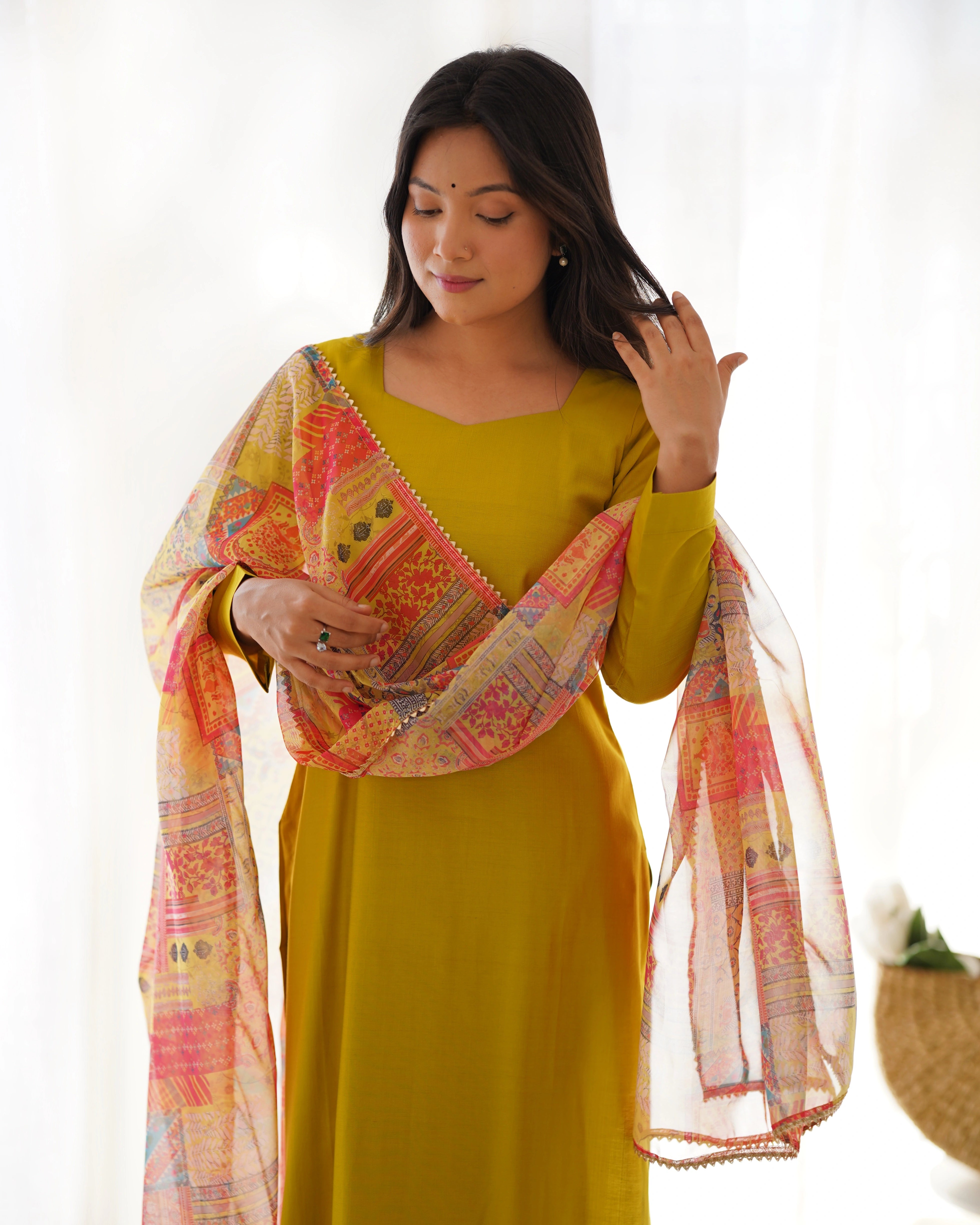 Elegant Yellow Viscose Straight Fit Kurta Set with Floral Organza Dupatta