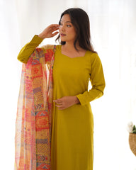 Elegant Yellow Viscose Straight Fit Kurta Set with Floral Organza Dupatta