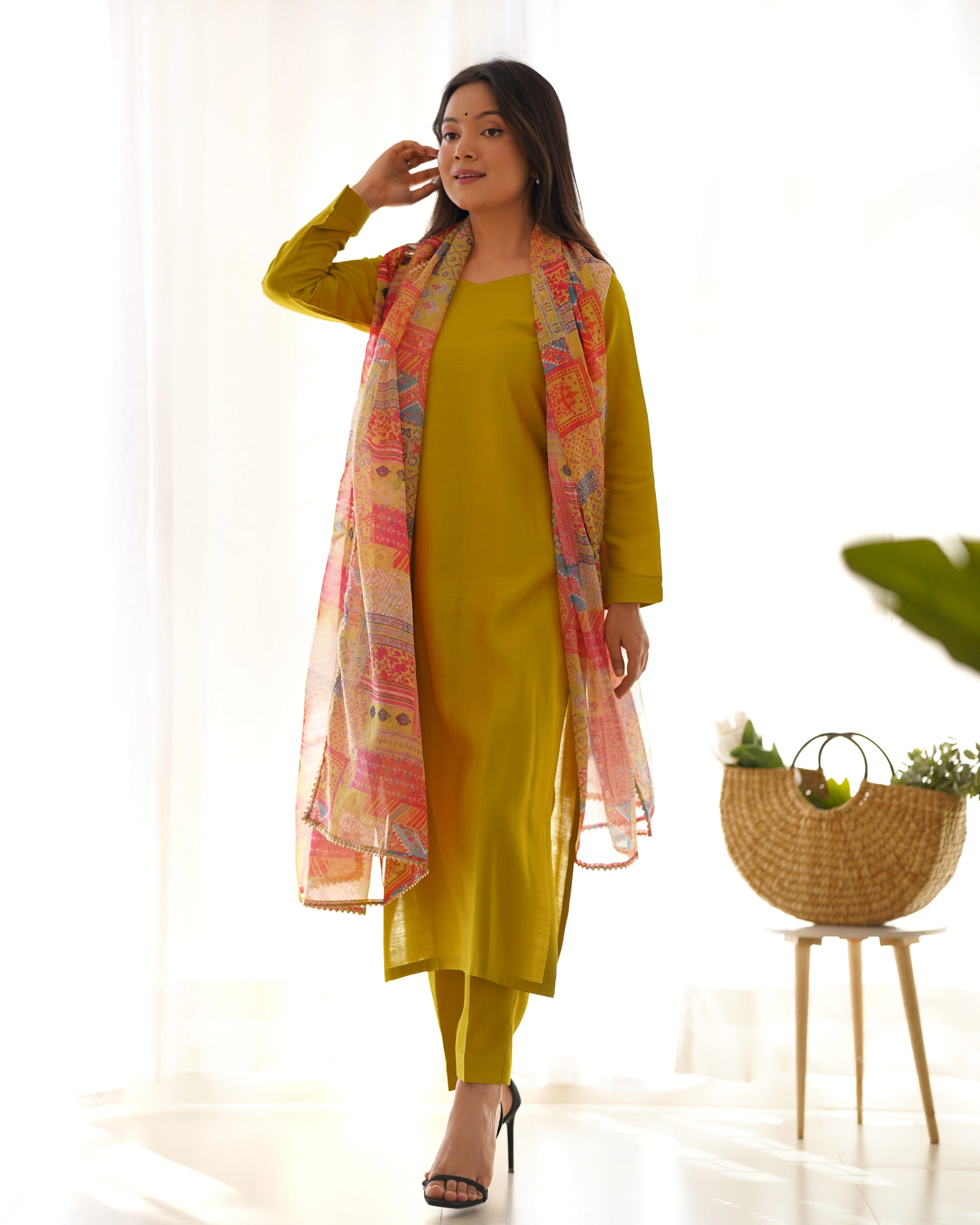 Elegant Yellow Viscose Straight Fit Kurta Set with Floral Organza Dupatta