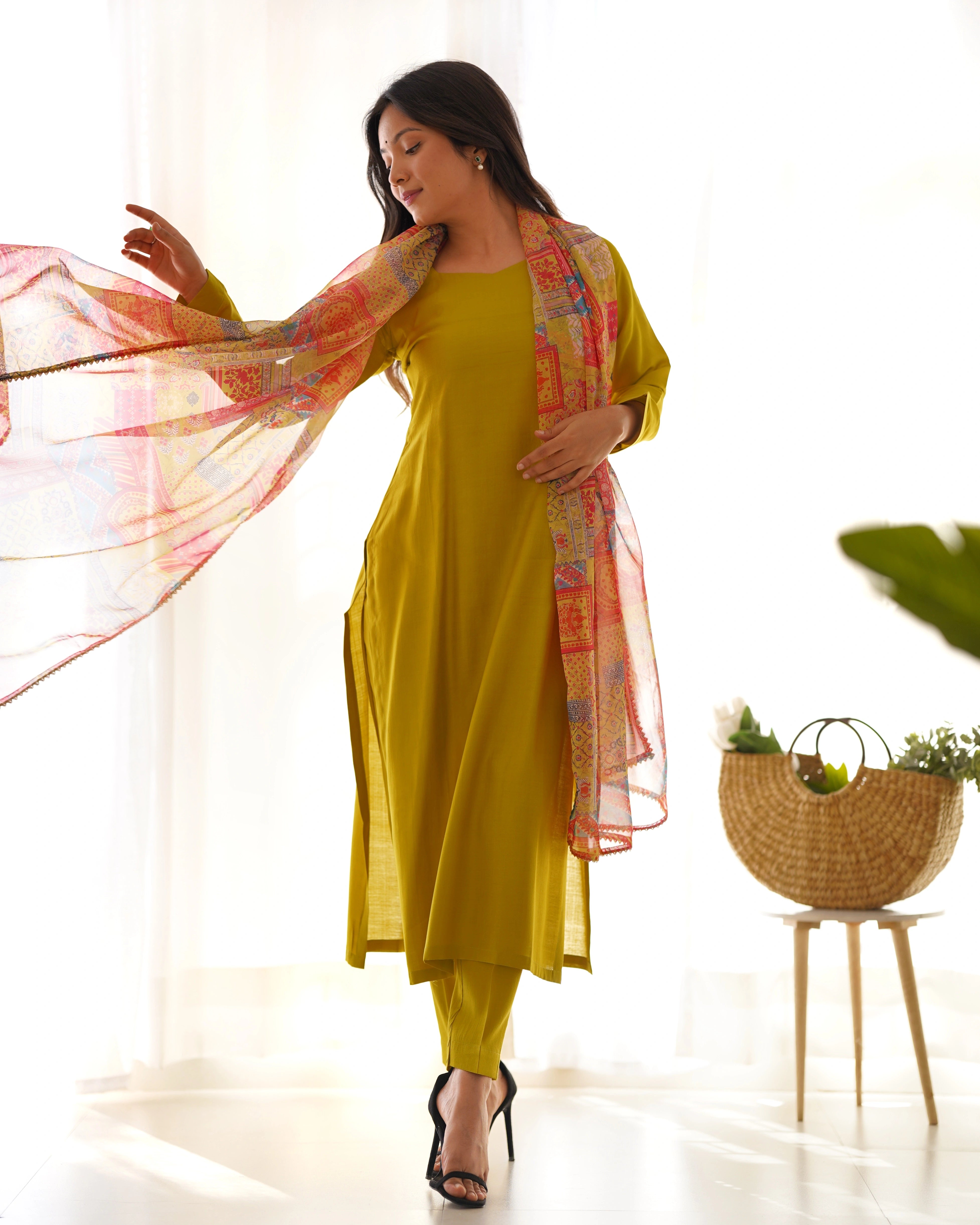 Elegant Yellow Viscose Straight Fit Kurta Set with Floral Organza Dupatta