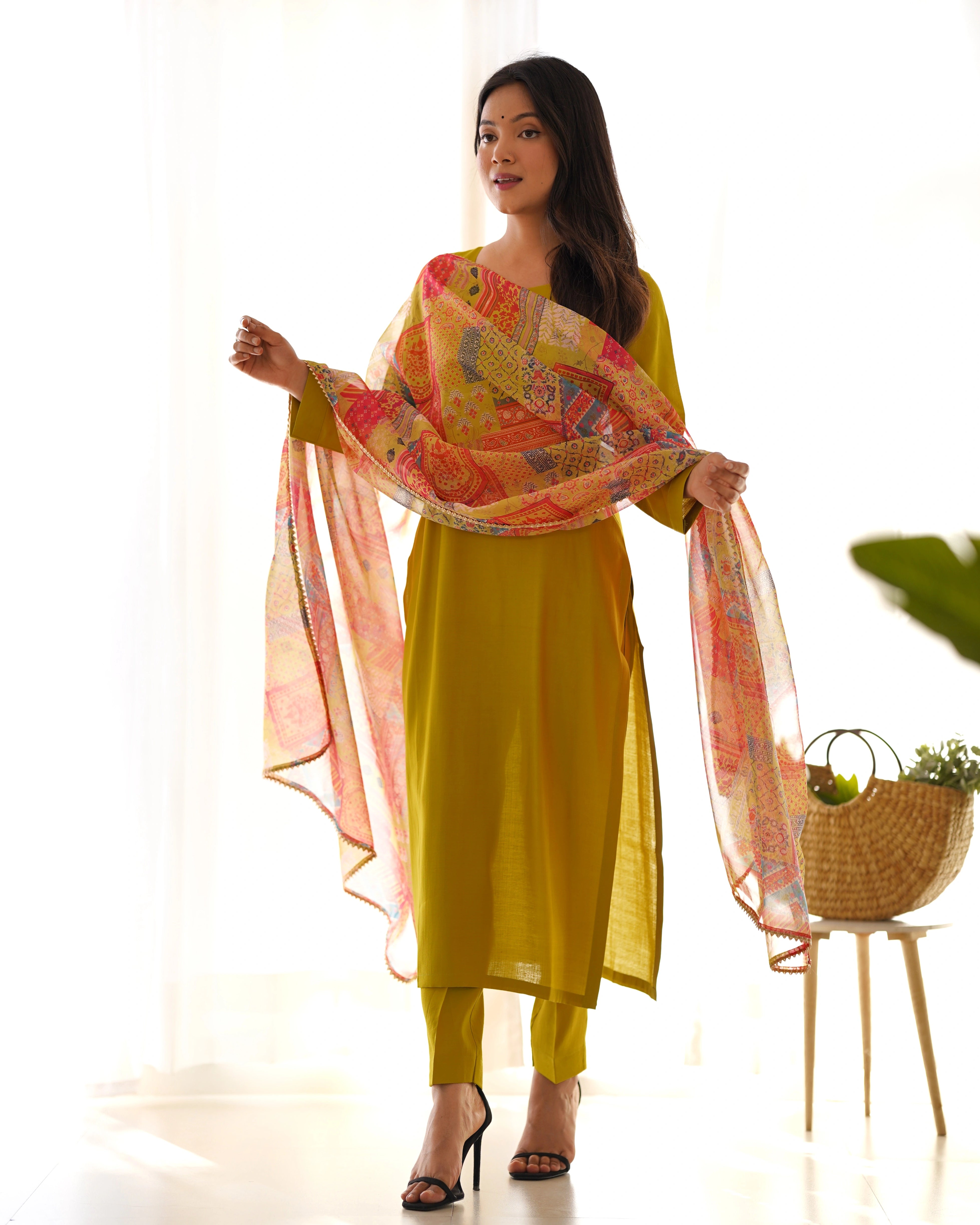 Elegant Yellow Viscose Straight Fit Kurta Set with Floral Organza Dupatta