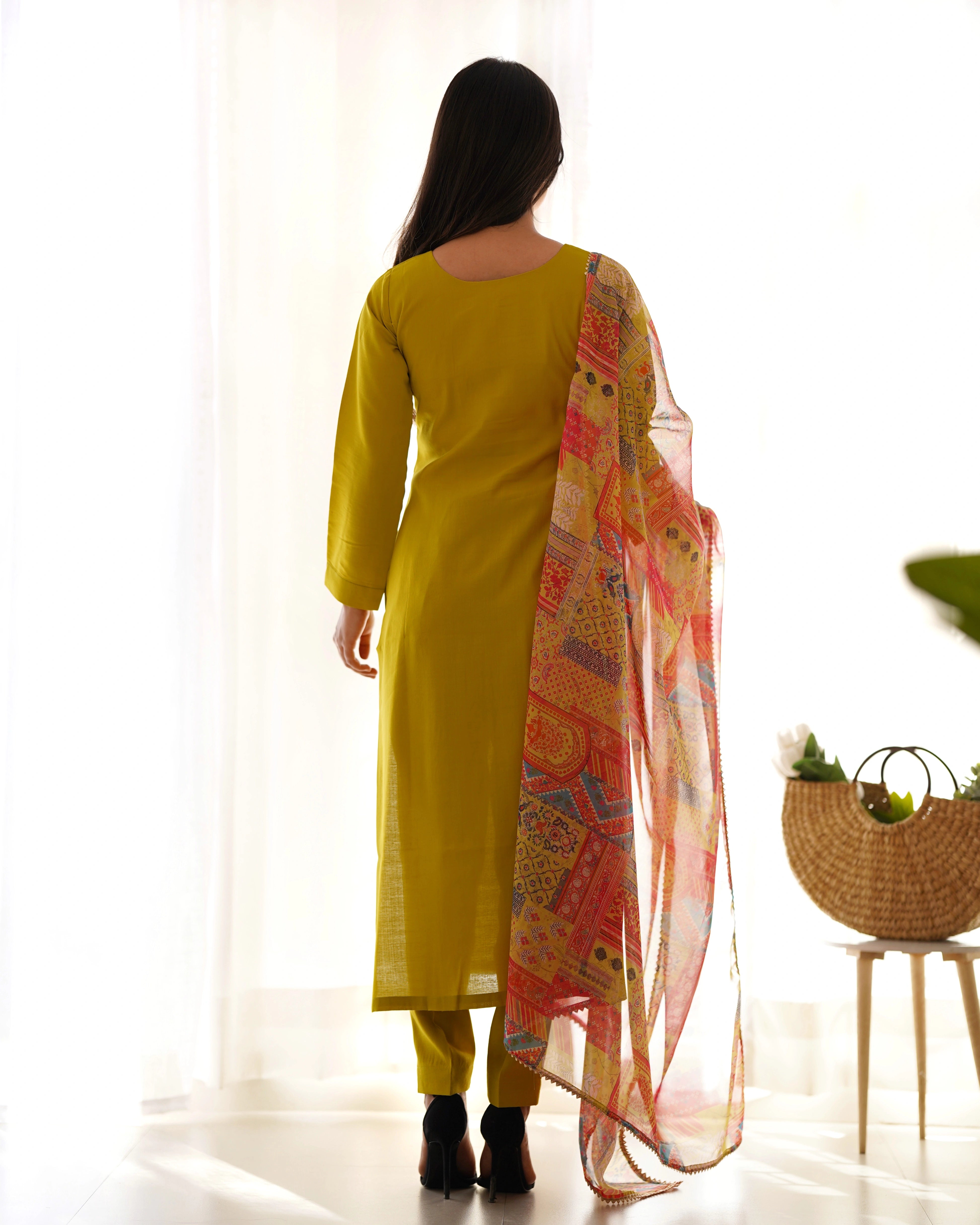 Elegant Yellow Viscose Straight Fit Kurta Set with Floral Organza Dupatta