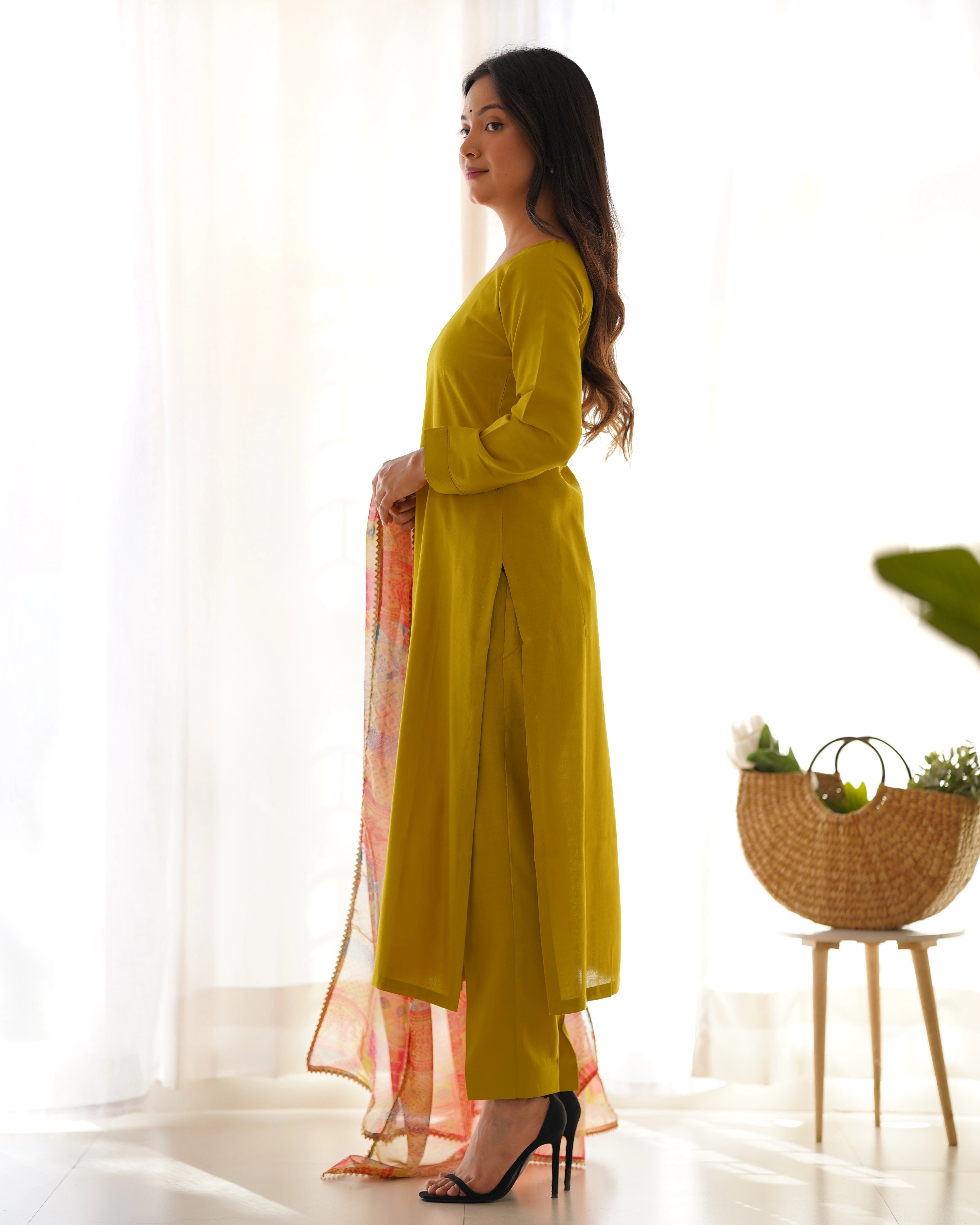 Elegant Yellow Viscose Straight Fit Kurta Set with Floral Organza Dupatta