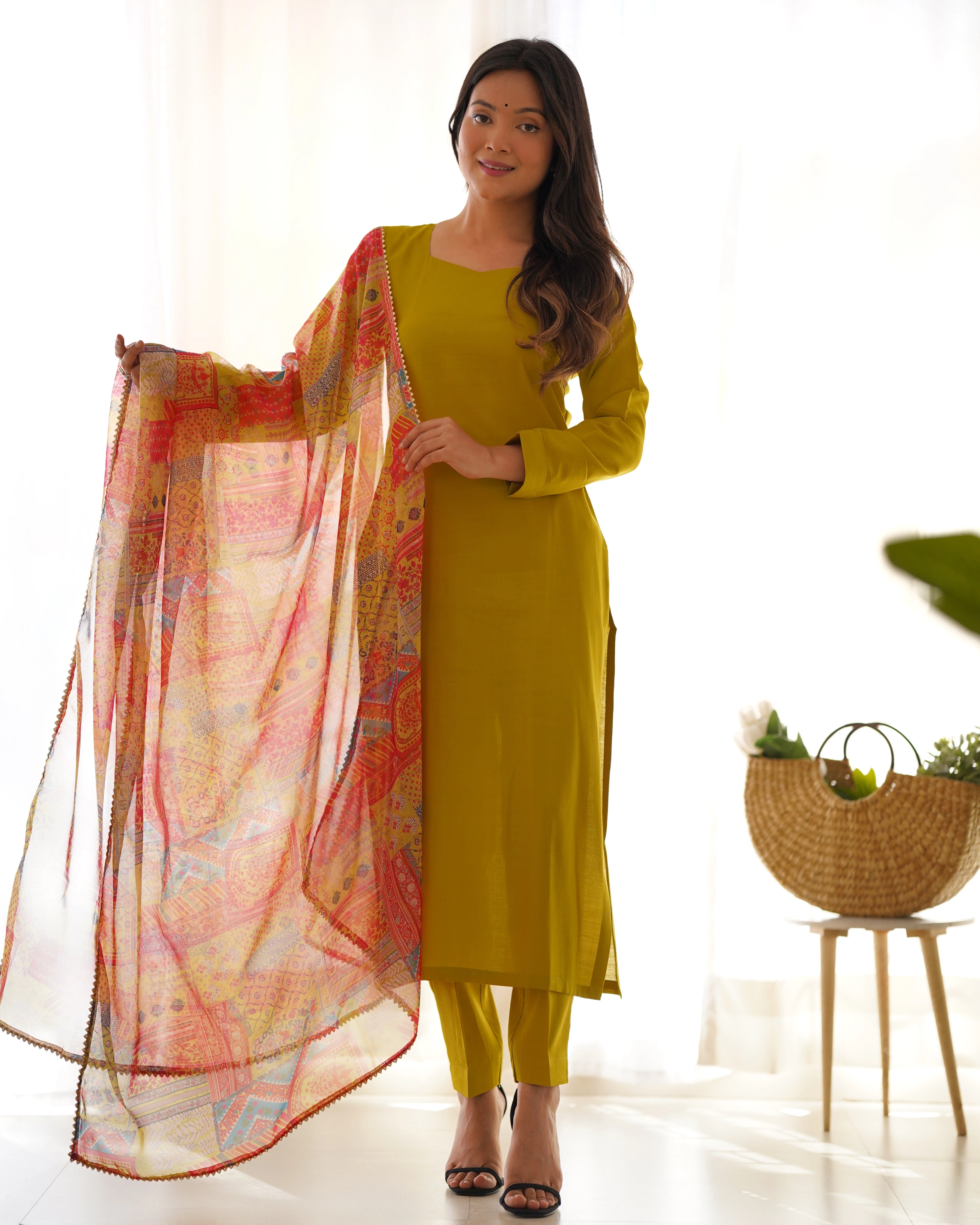 Elegant Yellow Viscose Straight Fit Kurta Set with Floral Organza Dupatta