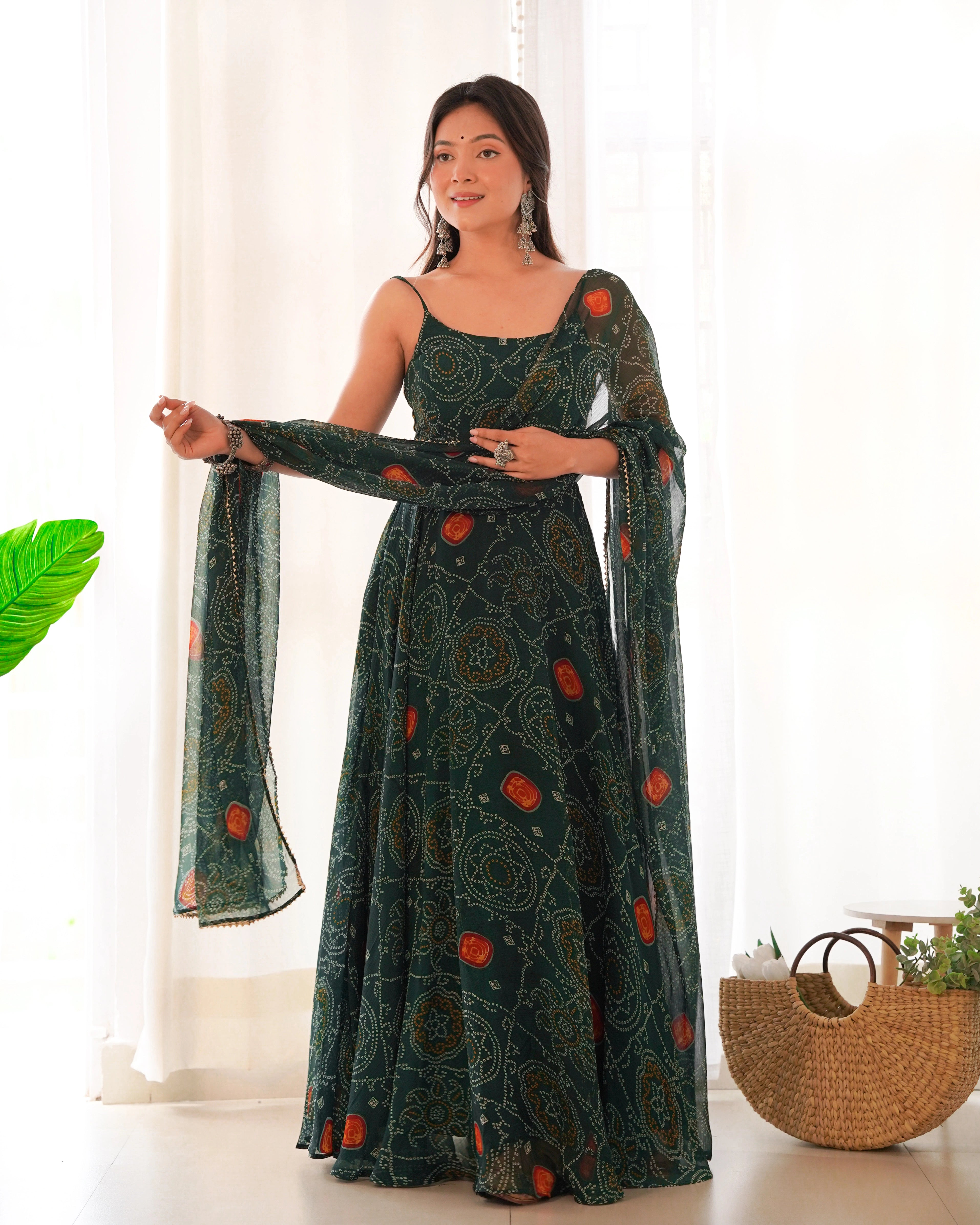 Elegant Dark Green Chiffon Bandhej Gown with Backless Dori Pattern