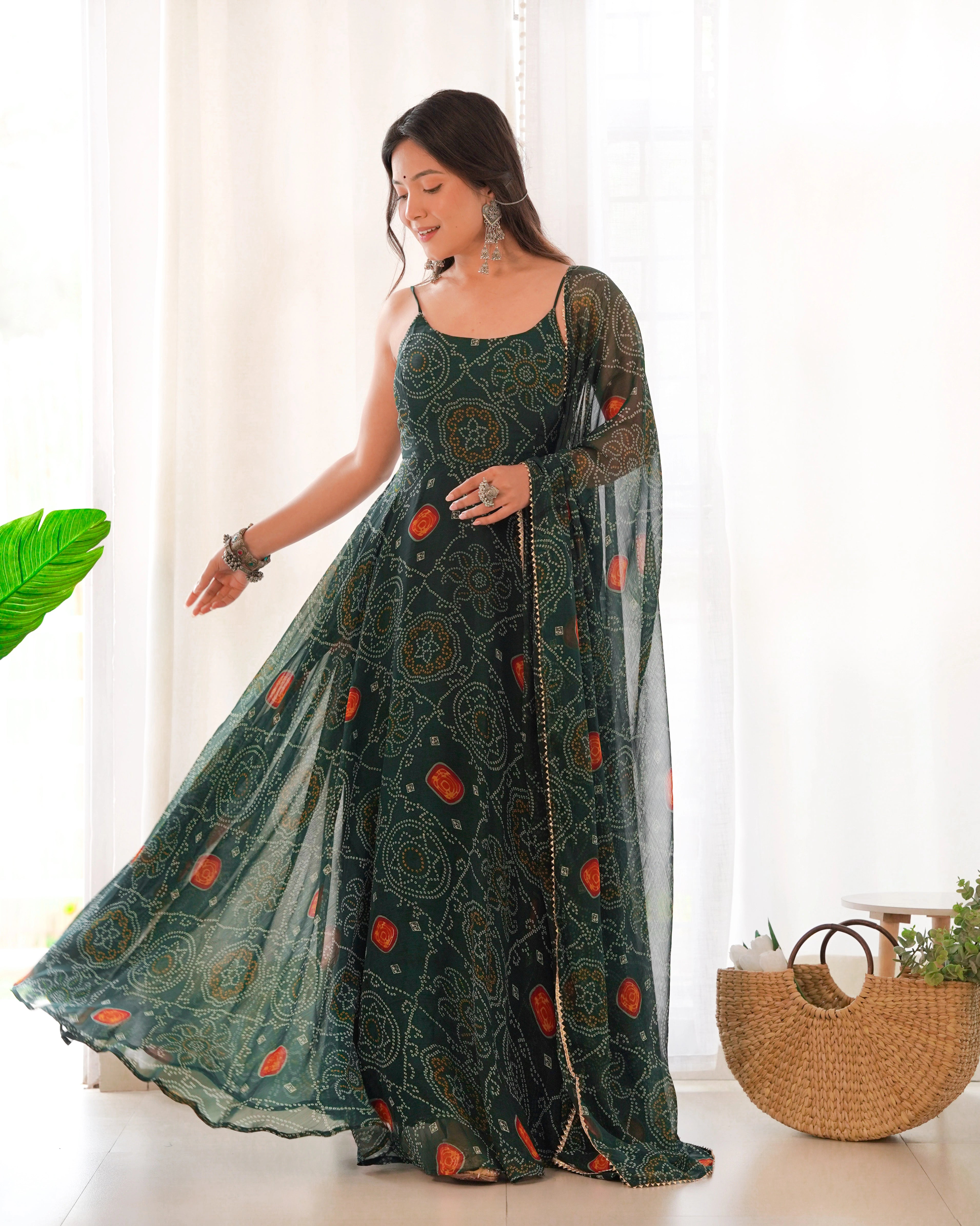 Elegant Dark Green Chiffon Bandhej Gown with Backless Dori Pattern