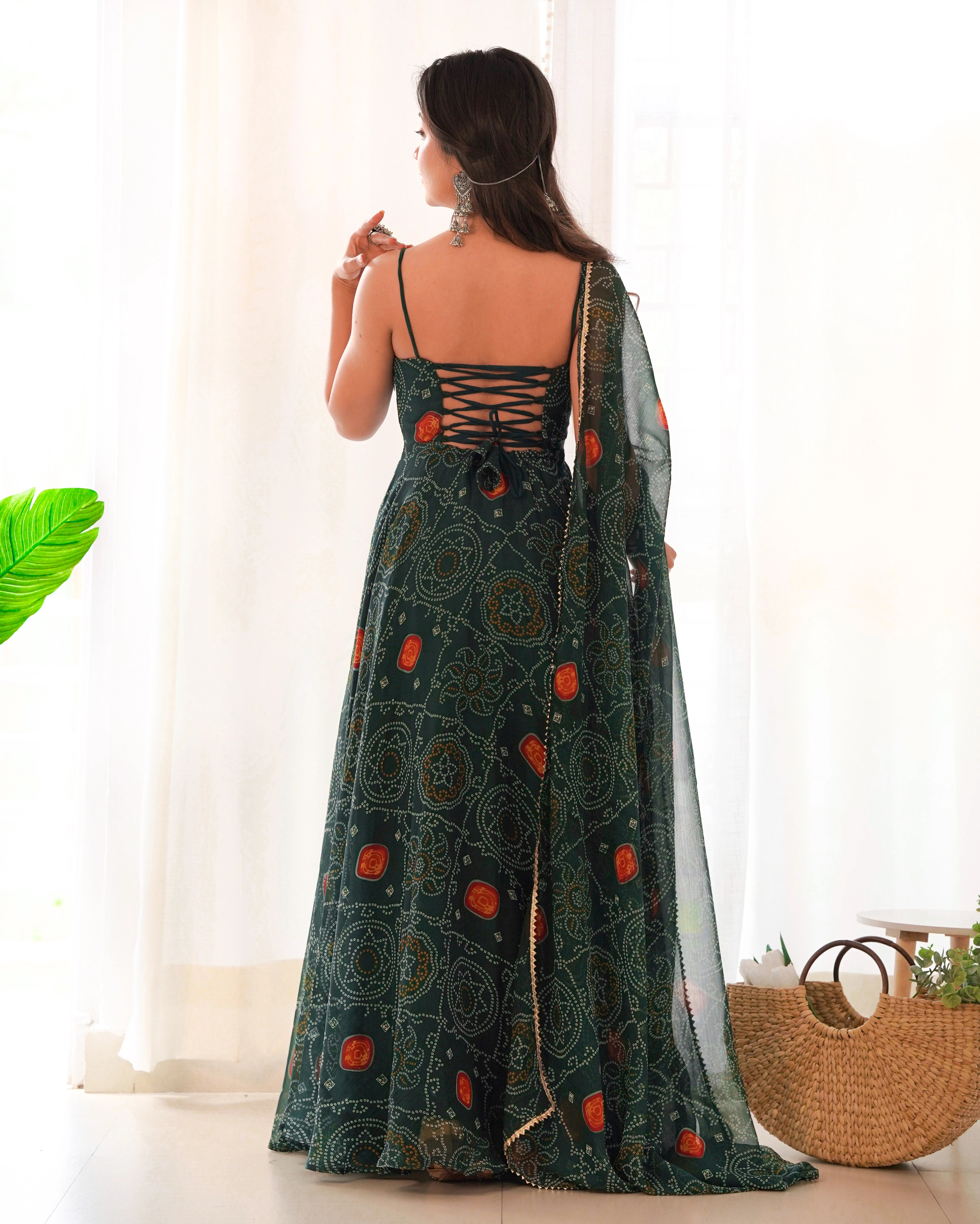 Elegant Dark Green Chiffon Bandhej Gown with Backless Dori Pattern