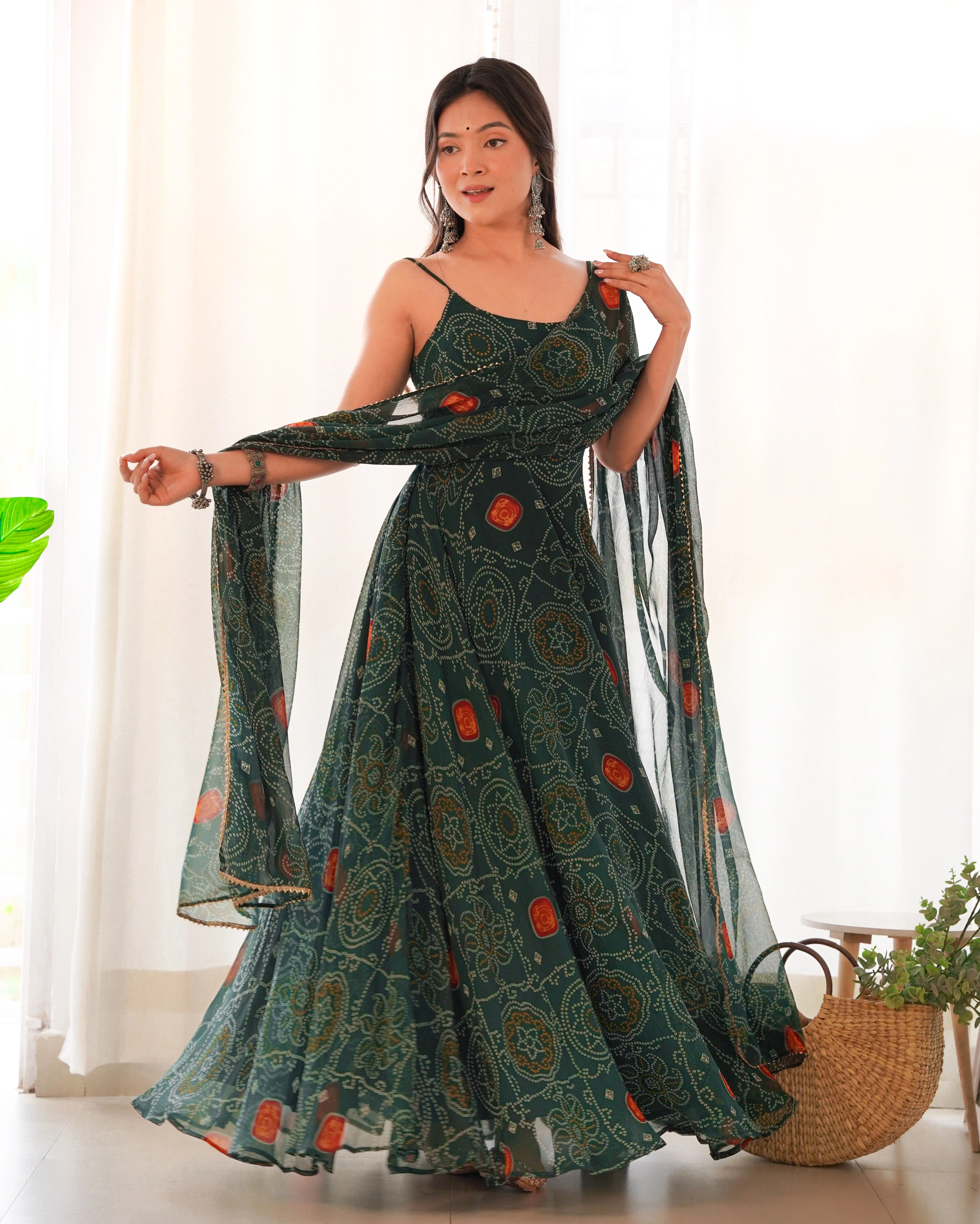 Elegant Dark Green Chiffon Bandhej Gown with Backless Dori Pattern