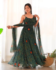 Elegant Dark Green Chiffon Bandhej Gown with Backless Dori Pattern