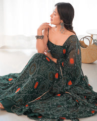 Elegant Dark Green Chiffon Bandhej Gown with Backless Dori Pattern