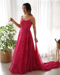 Vibrant Pink Chiffon Bandhej Gown with Intricate Triangle Lace Dupatta