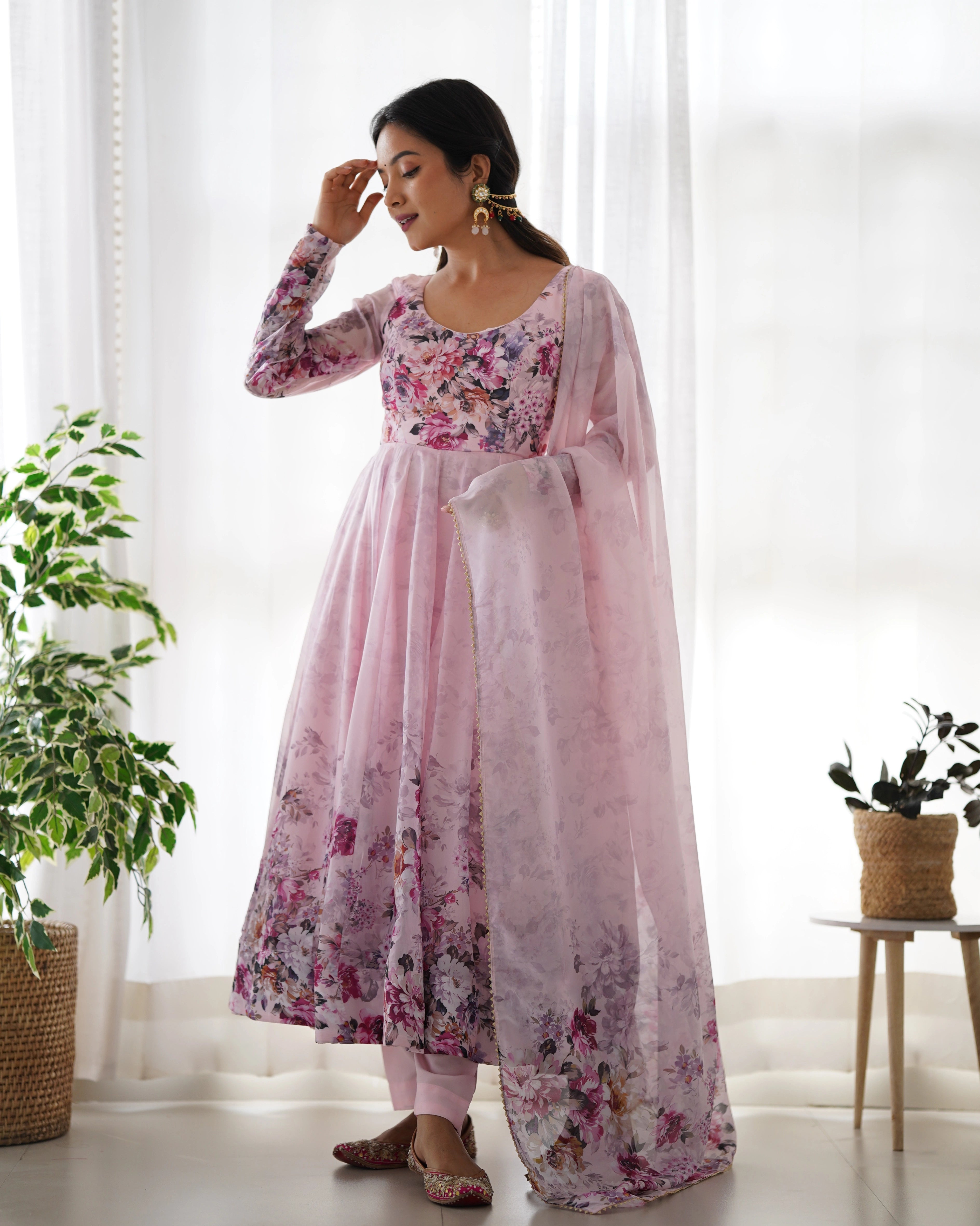 Soft Pink Bloom Anarkali Gown Set with Gota Lace Dupatta