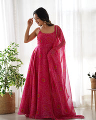 Vibrant Pink Chiffon Bandhej Gown with Intricate Triangle Lace Dupatta