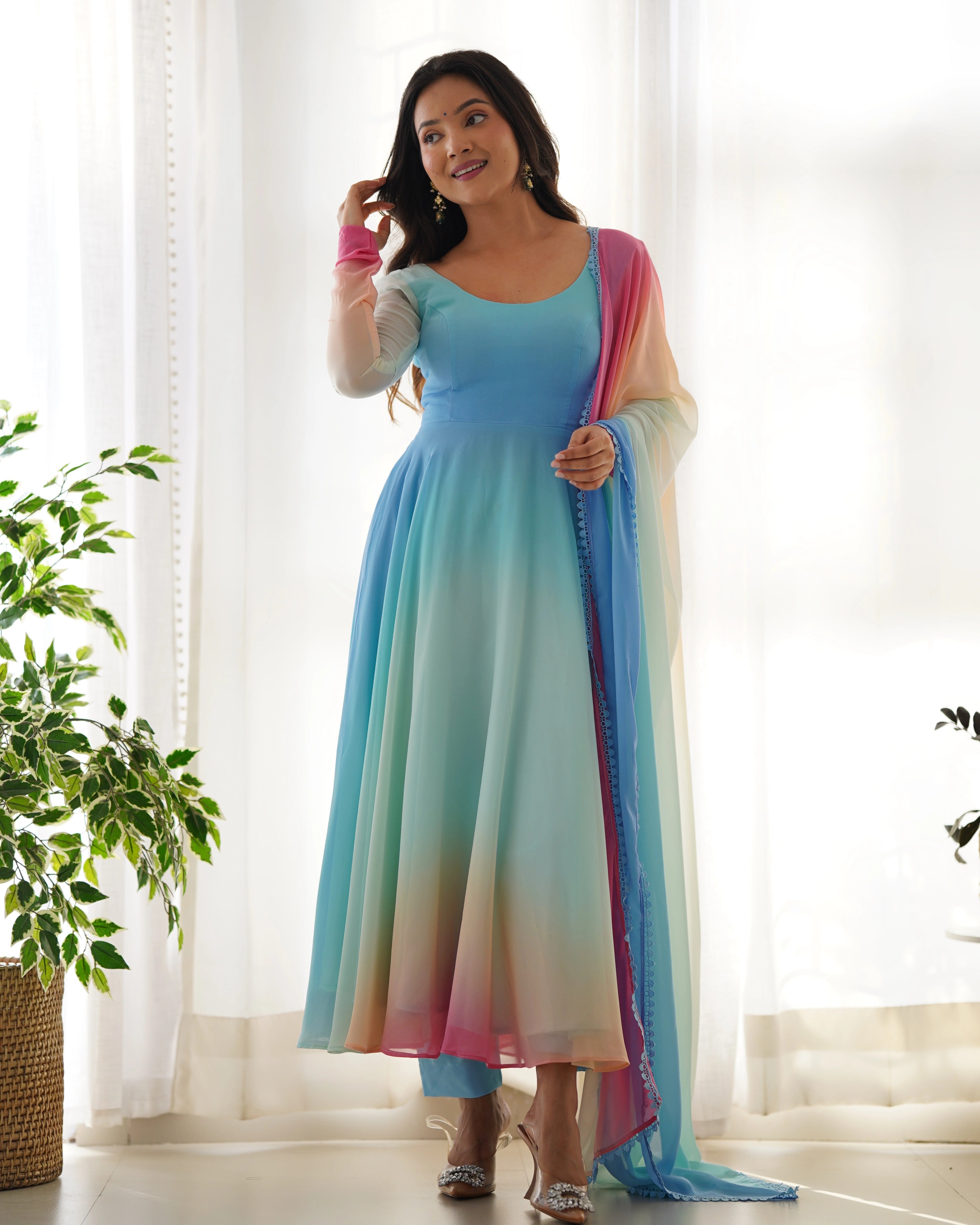 Trendy Multicolor Georgette Anarkali Suit with Colorful Dupatta