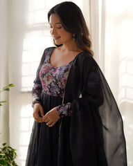 Floral Elegance Black Anarkali Set with Organza Silk Dupatta