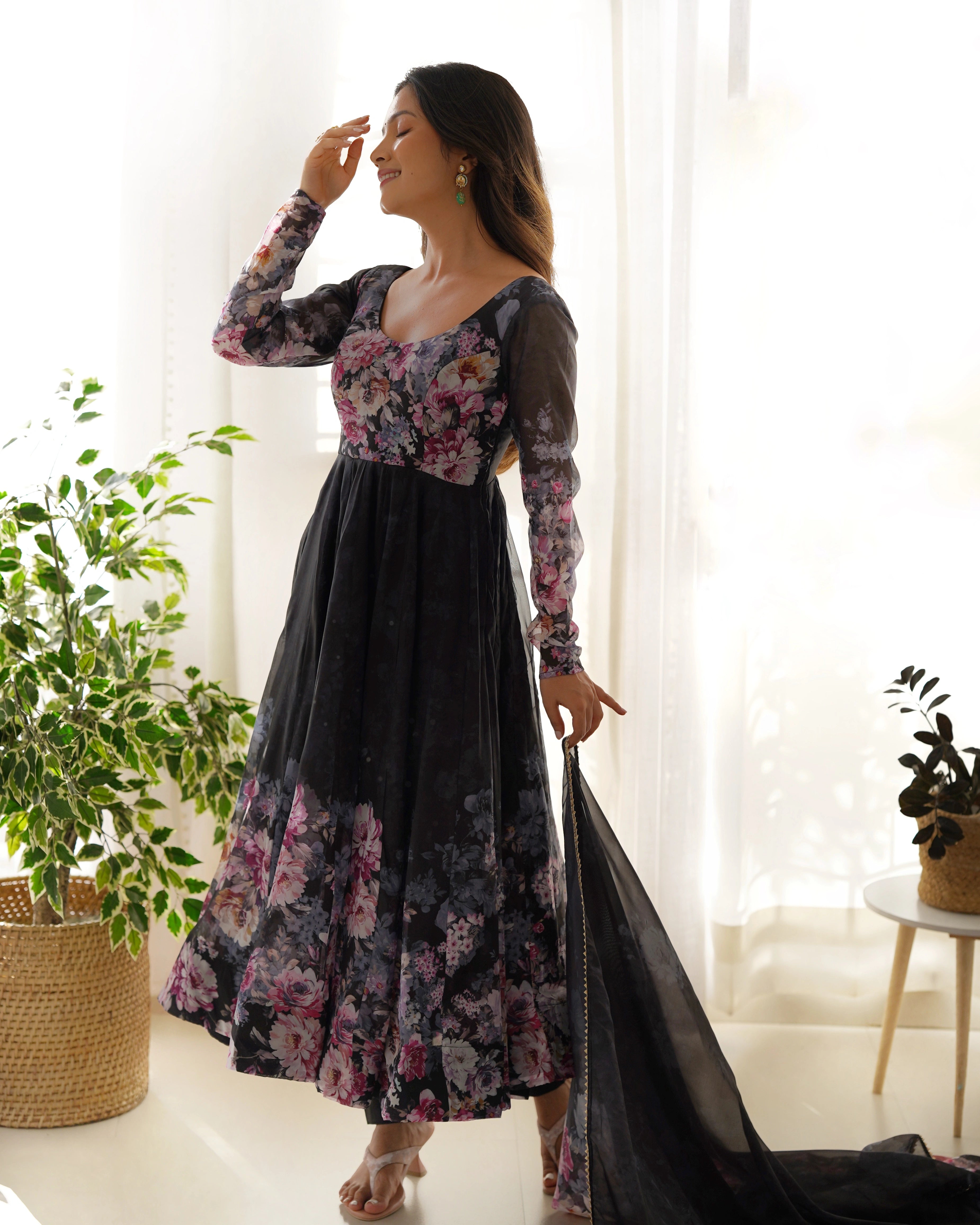 Floral Elegance Black Anarkali Set with Organza Silk Dupatta