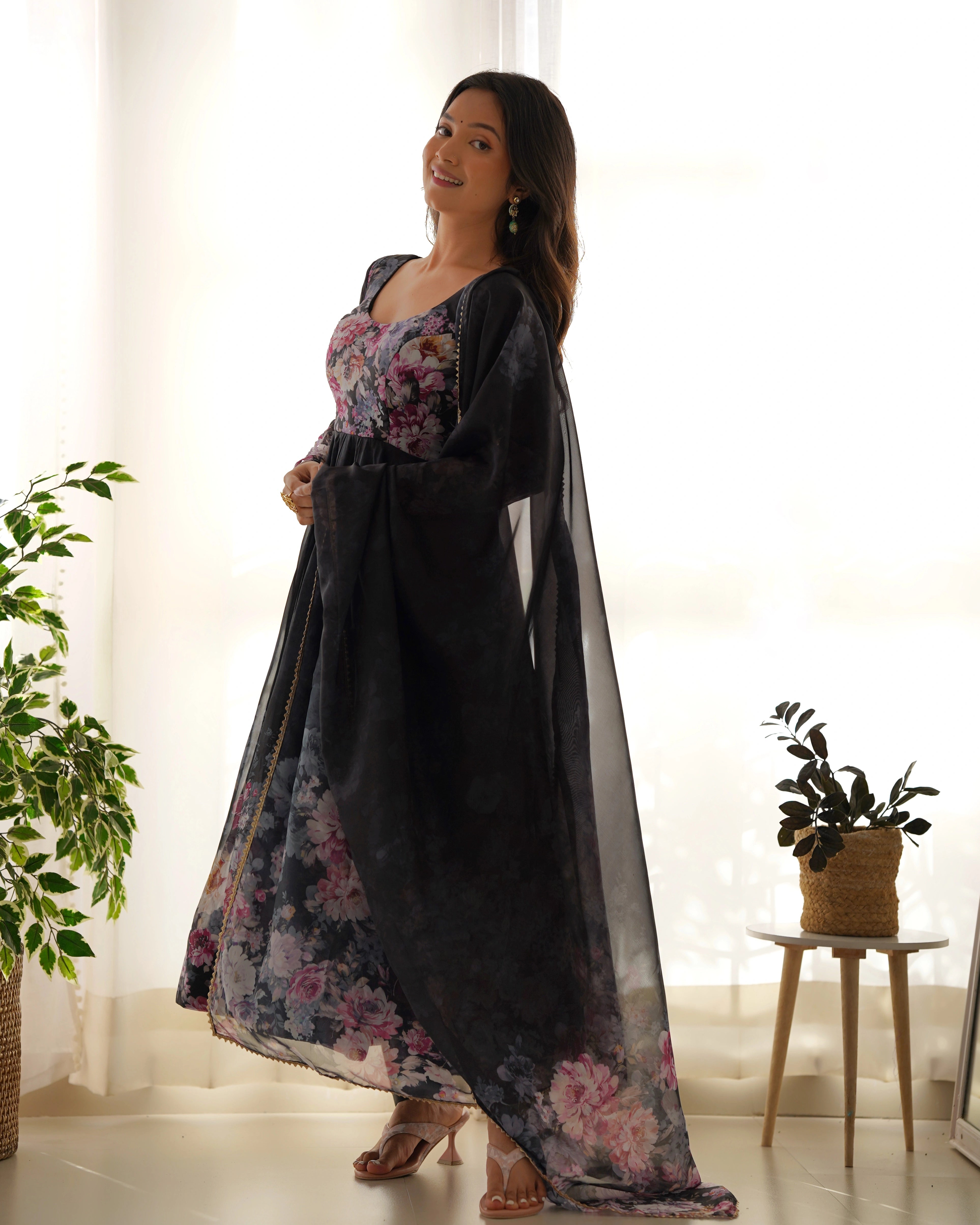 Floral Elegance Black Anarkali Set with Organza Silk Dupatta