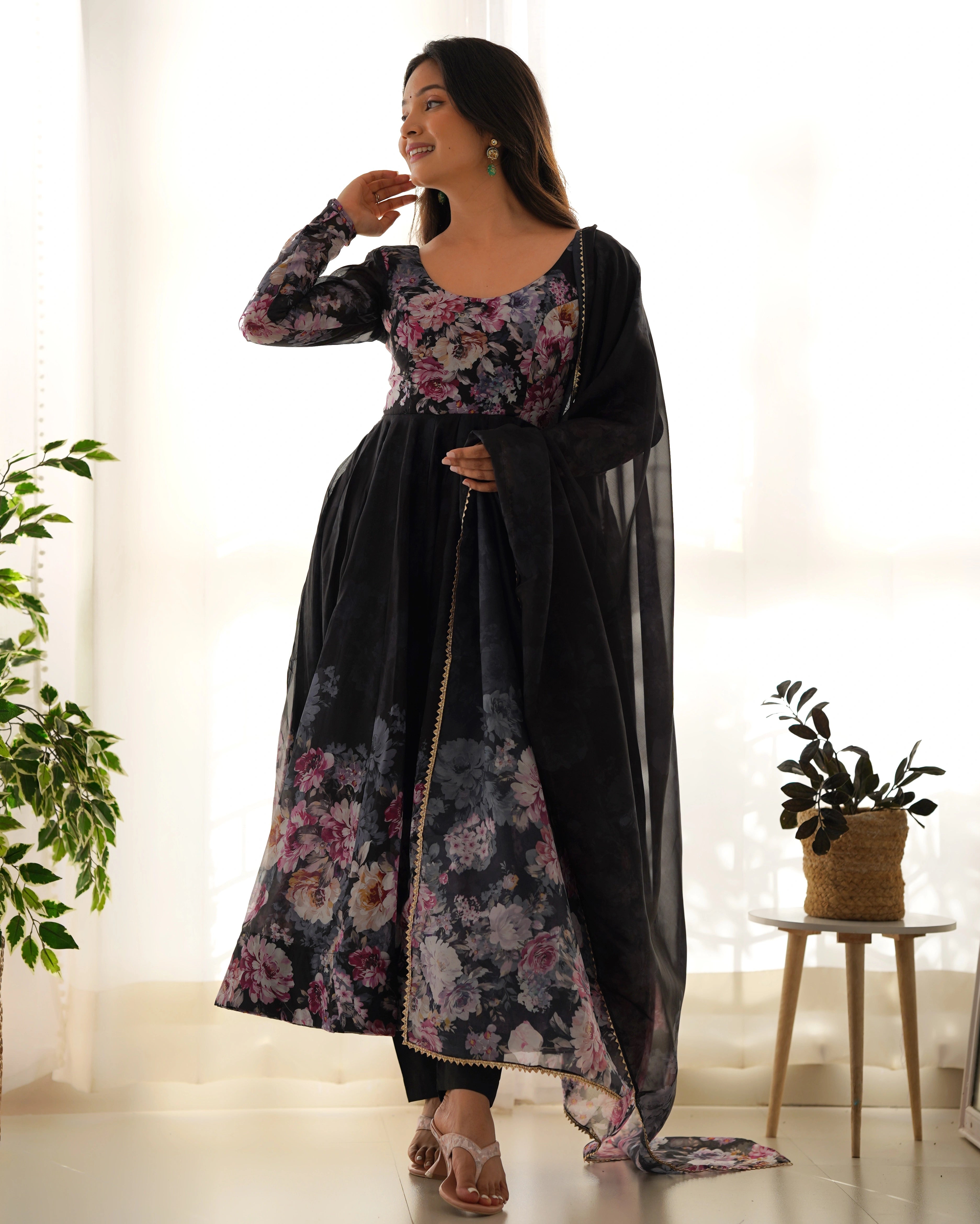 Floral Elegance Black Anarkali Set with Organza Silk Dupatta