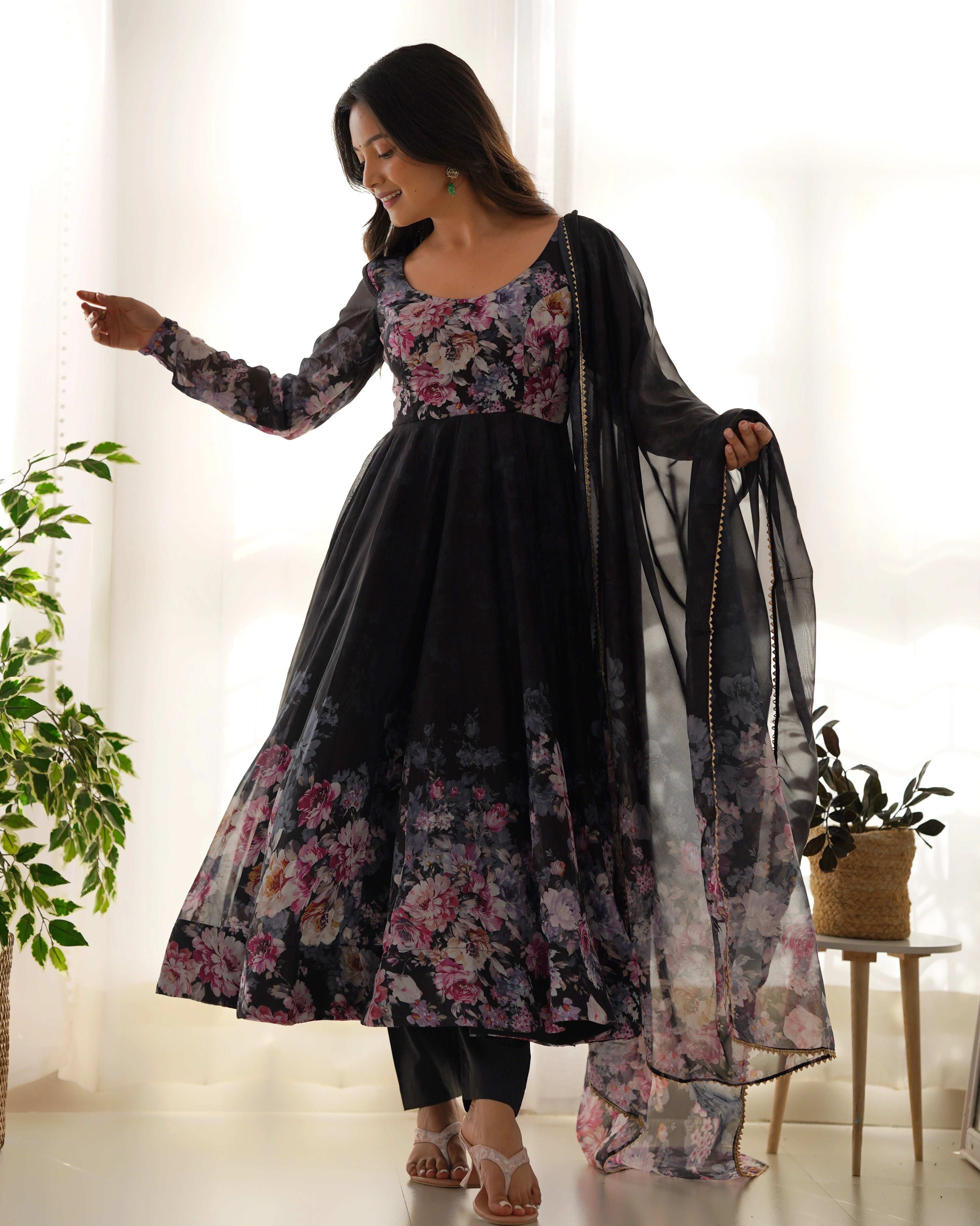 Floral Elegance Black Anarkali Set with Organza Silk Dupatta