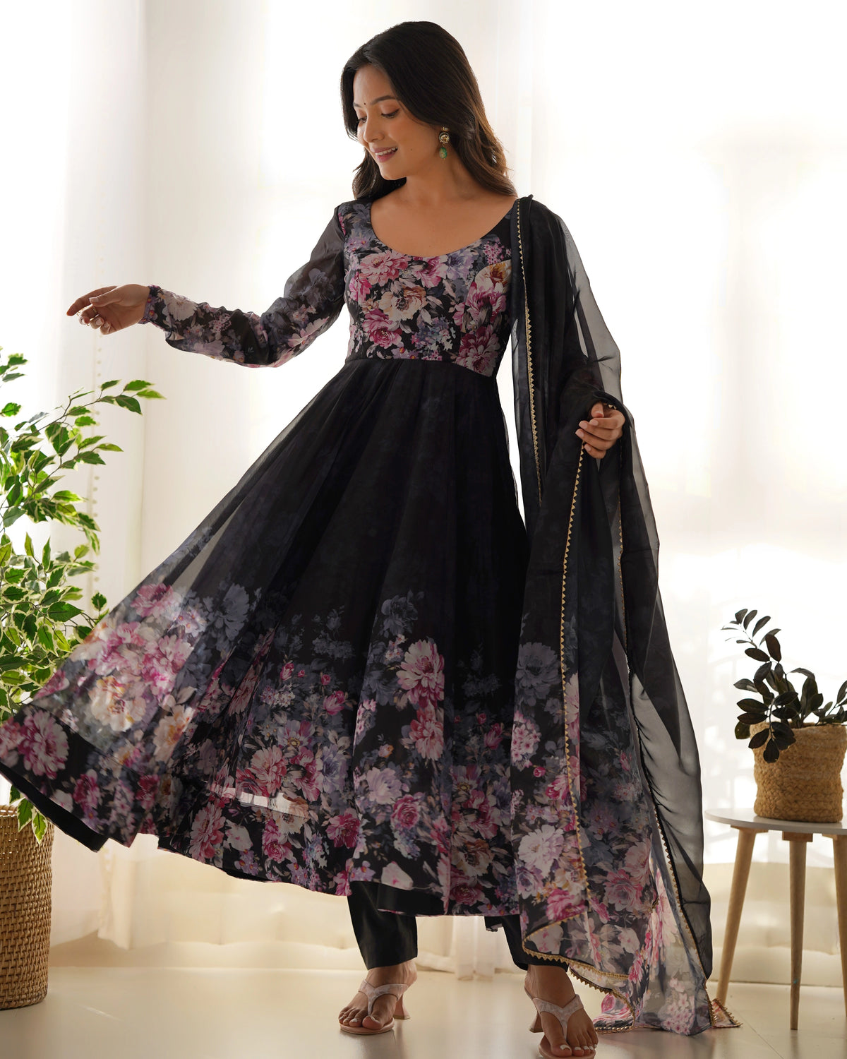 Floral Elegance Black Anarkali Set with Organza Silk Dupatta